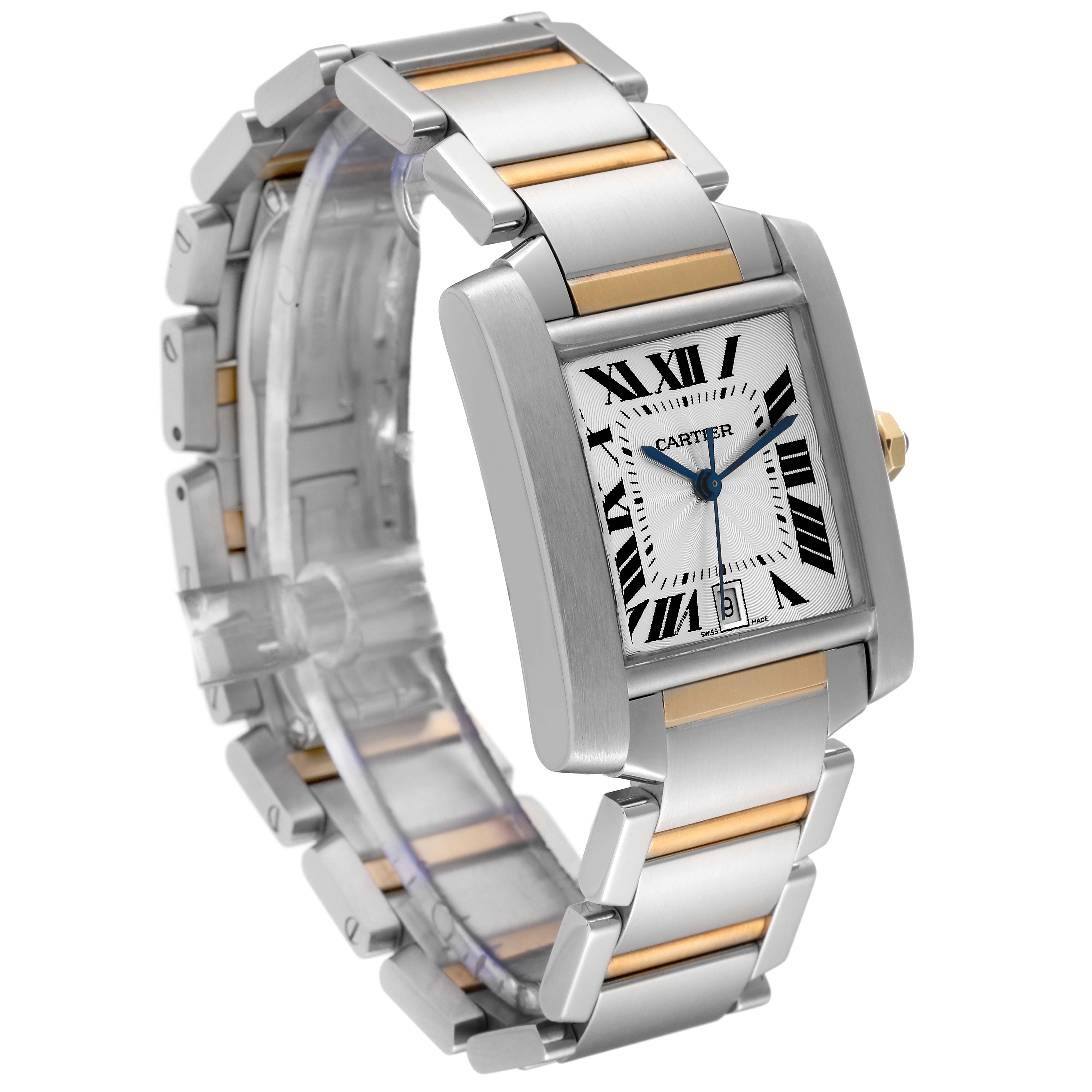 The image shows a side angle of the Cartier Tank Francaise W51005Q4 Men's Steel and Gold (two tone) Silver Dial W51005Q4 Men's Steel and Gold (two tone) Silver Dial watch featuring its square dial and metal bracelet with gold accents.