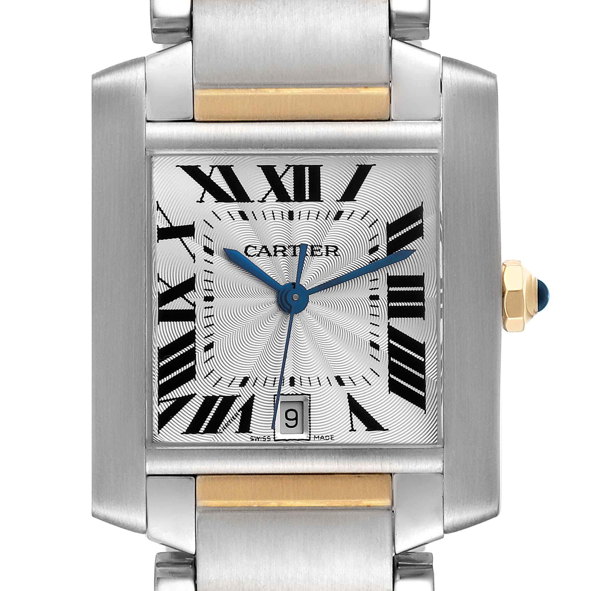 This is a close-up of the face of the Cartier Tank Française watch, showing the dial, hands, bezel, crown, and part of the bracelet.