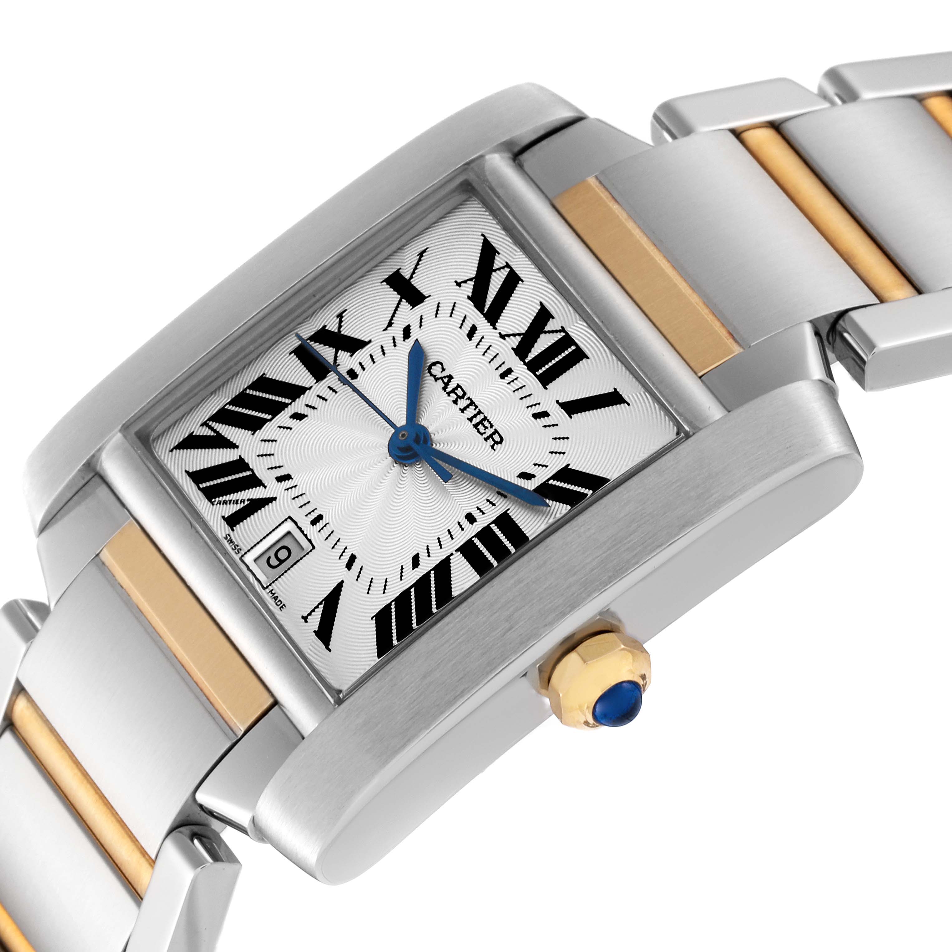 The image shows a close-up of the Cartier Tank Francaise W51005Q4 Men's Steel and Gold (two tone) Silver Dial W51005Q4 Men's Steel and Gold (two tone) Silver Dial watch face, bezel, crown, and part of the two-tone bracelet.