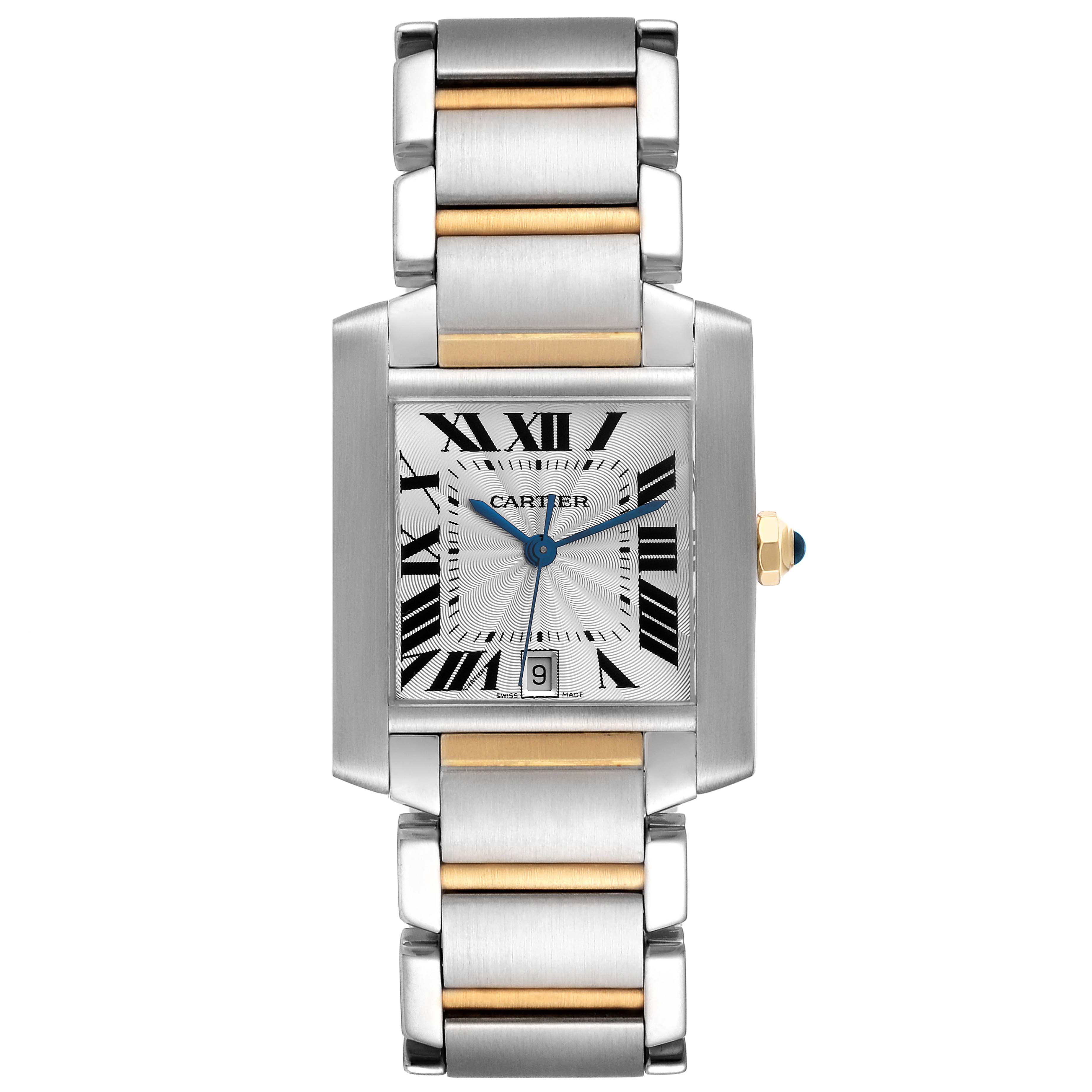 This is a frontal view of the Cartier Tank Française watch, showing the face, bezel, and part of the bracelet.