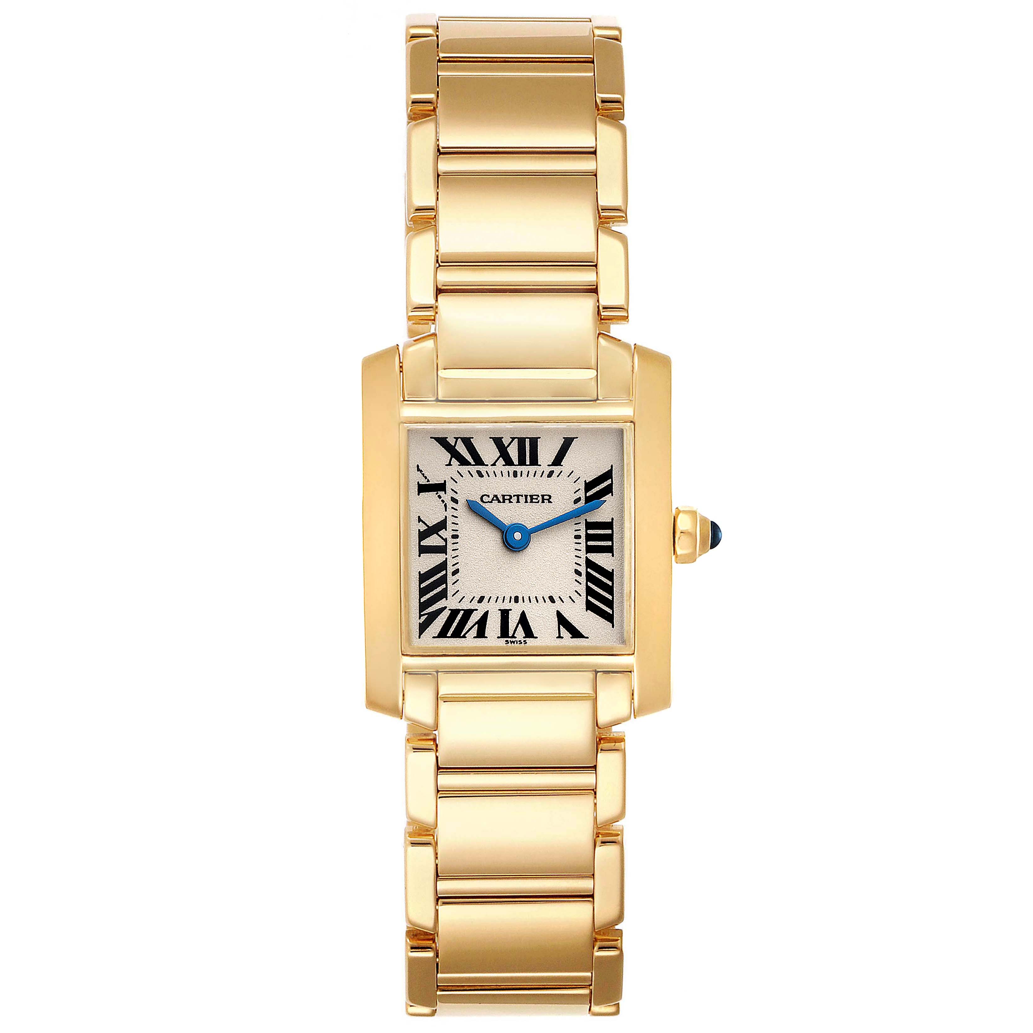 The image displays a front view of the Cartier Tank Française model, showing the face, bracelet, and crown.