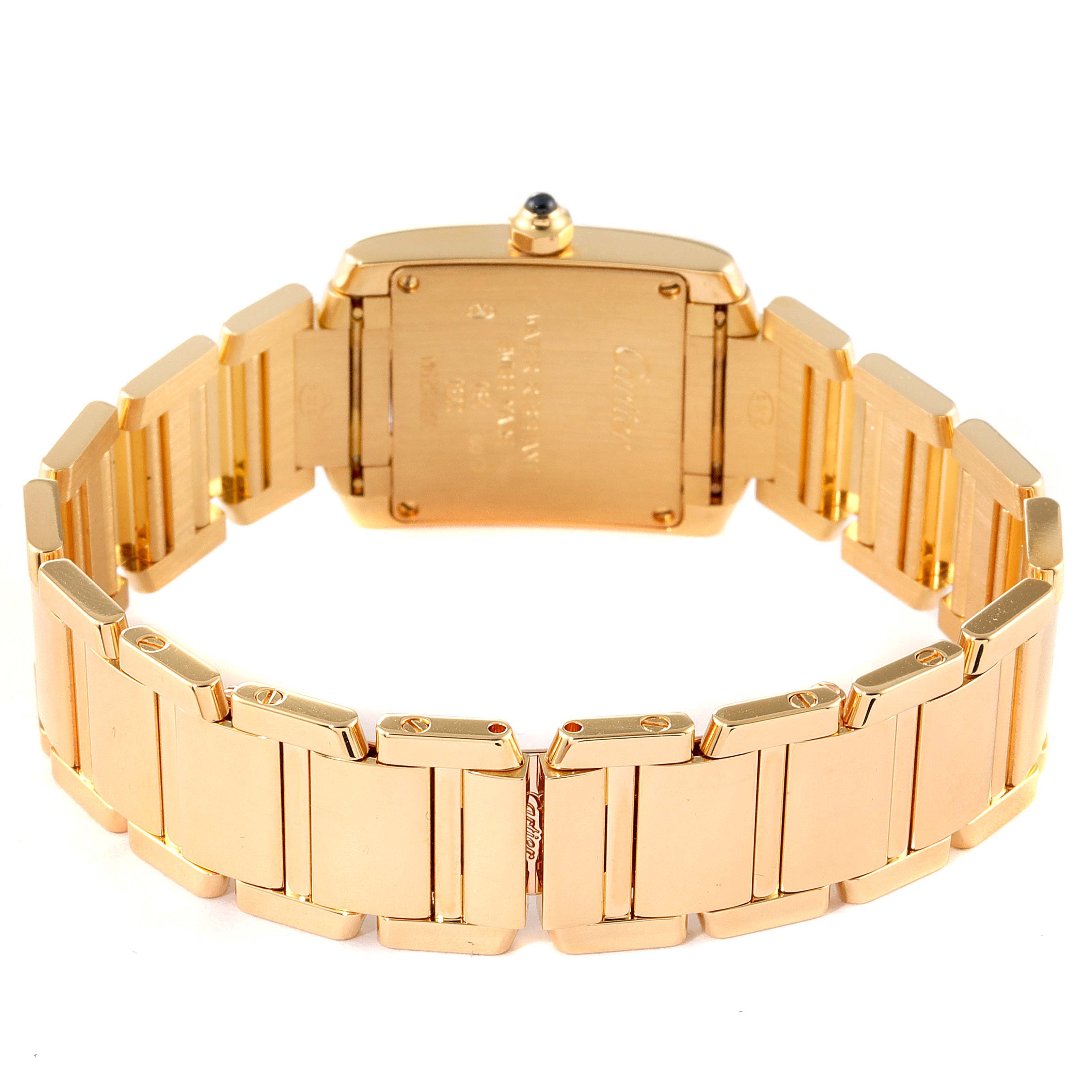 The image shows the back and bracelet of a Cartier Tank Francaise W50002N2 Women's Yellow Gold Silver Dial W50002N2 Women's Yellow Gold Silver Dial watch in a gold finish, emphasizing the clasp and links.