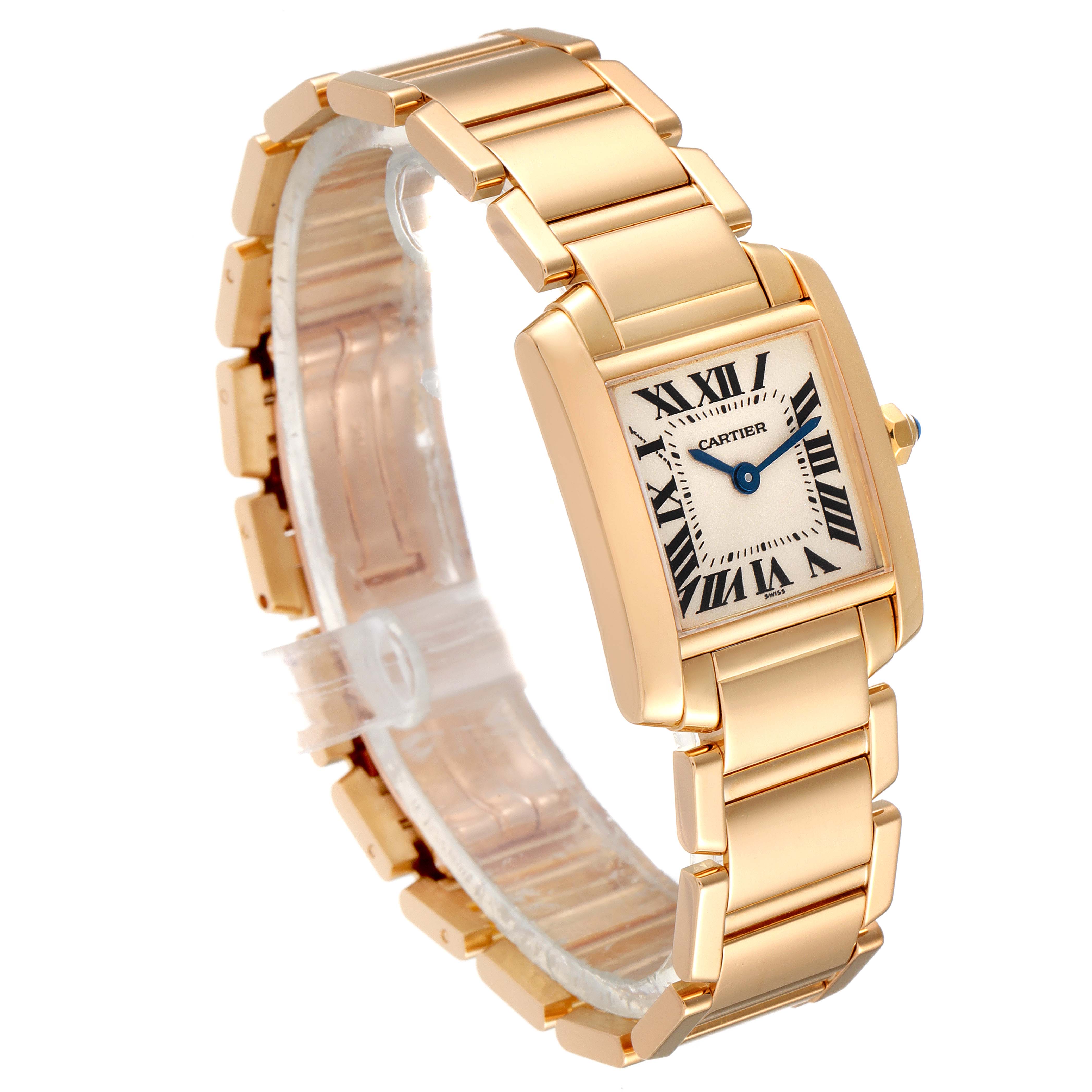 The Cartier Tank Francaise W50002N2 Women's Yellow Gold Silver Dial W50002N2 Women's Yellow Gold Silver Dial watch is shown from a three-quarter angle, highlighting its rectangular dial and gold bracelet.