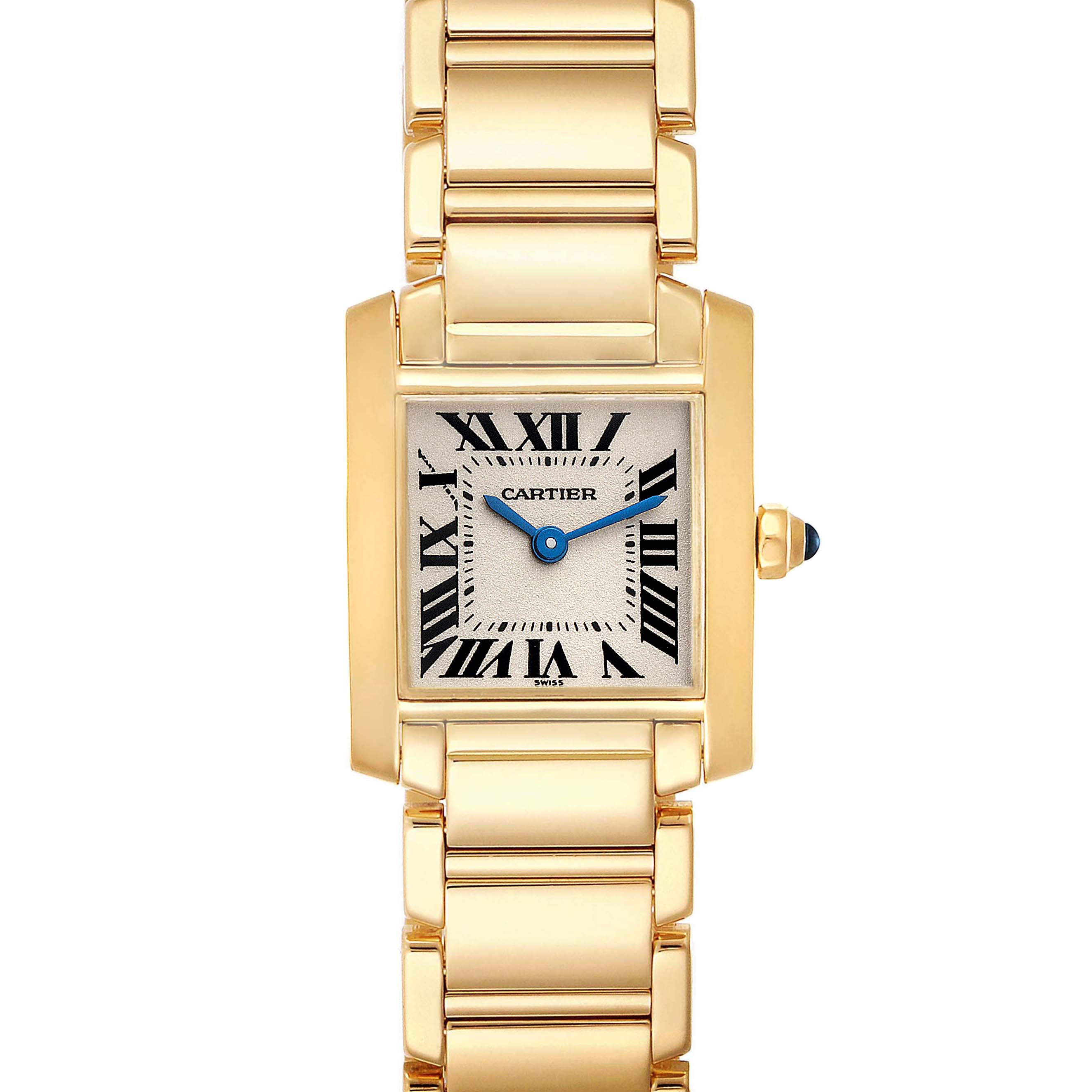 This image shows a Cartier Tank Francaise W50002N2 Women's Yellow Gold Silver Dial W50002N2 Women's Yellow Gold Silver Dial watch from a top-down angle, highlighting its face, bracelet, and crown.