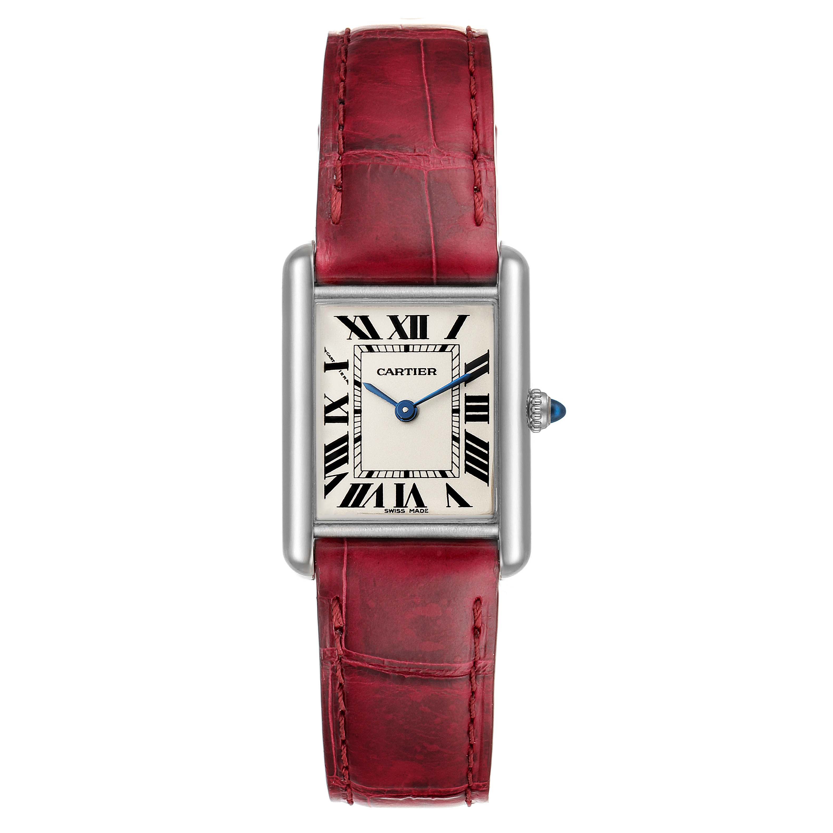 The image shows a front view of the Cartier Tank Louis W1541056 Women's White Gold Silver Dial W1541056 Women's White Gold Silver Dial watch with a red strap and Roman numeral dial.