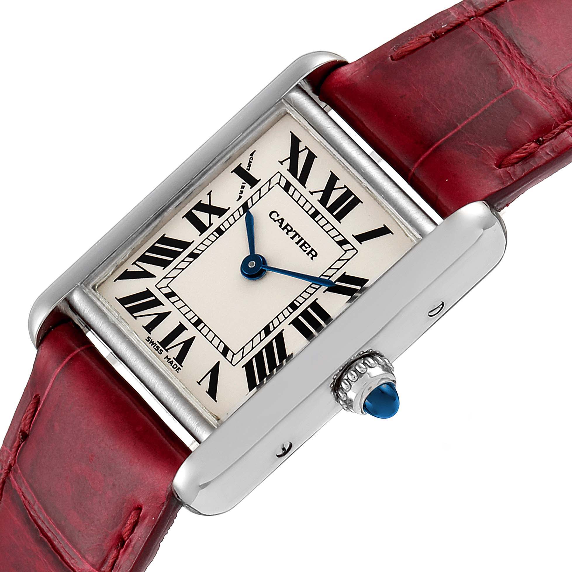The image shows a Cartier Tank Louis W1541056 Women's White Gold Silver Dial W1541056 Women's White Gold Silver Dial model watch at a slight angle, highlighting the rectangular dial, Roman numerals, and red leather strap.