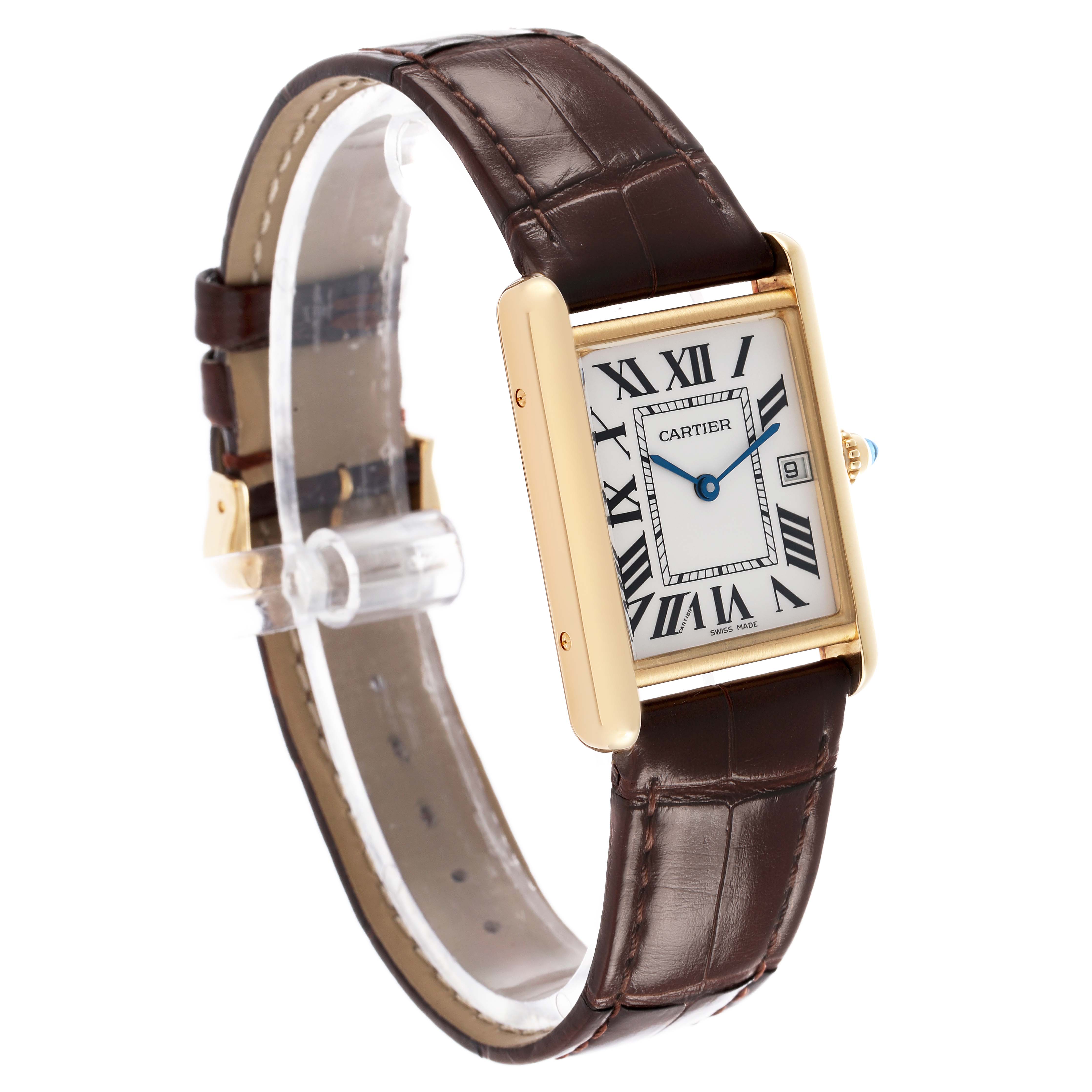 The Cartier Tank Louis W1529756 Men's Yellow Gold Silver Dial watch is shown at a three-quarter angle, displaying its rectangular case, Roman numeral dial, and brown leather strap.