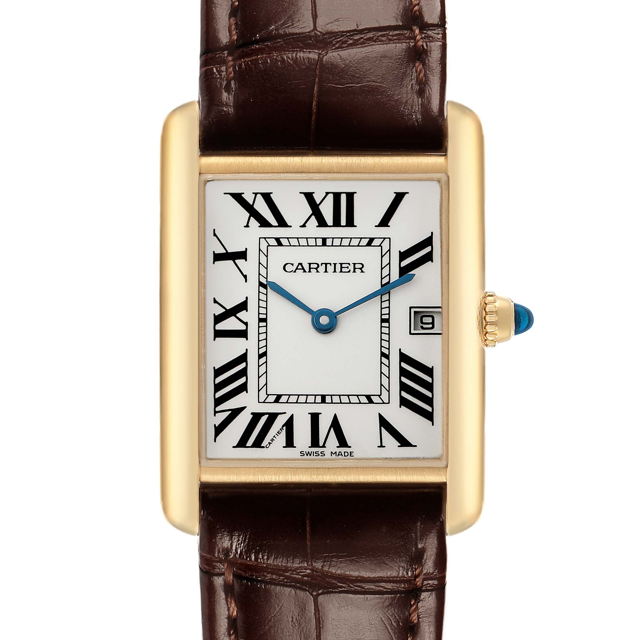 The Cartier Tank Louis W1529756 Men's Yellow Gold Silver Dial watch is shown from the front, displaying the face, Roman numerals, blue hands, and the brown leather strap.