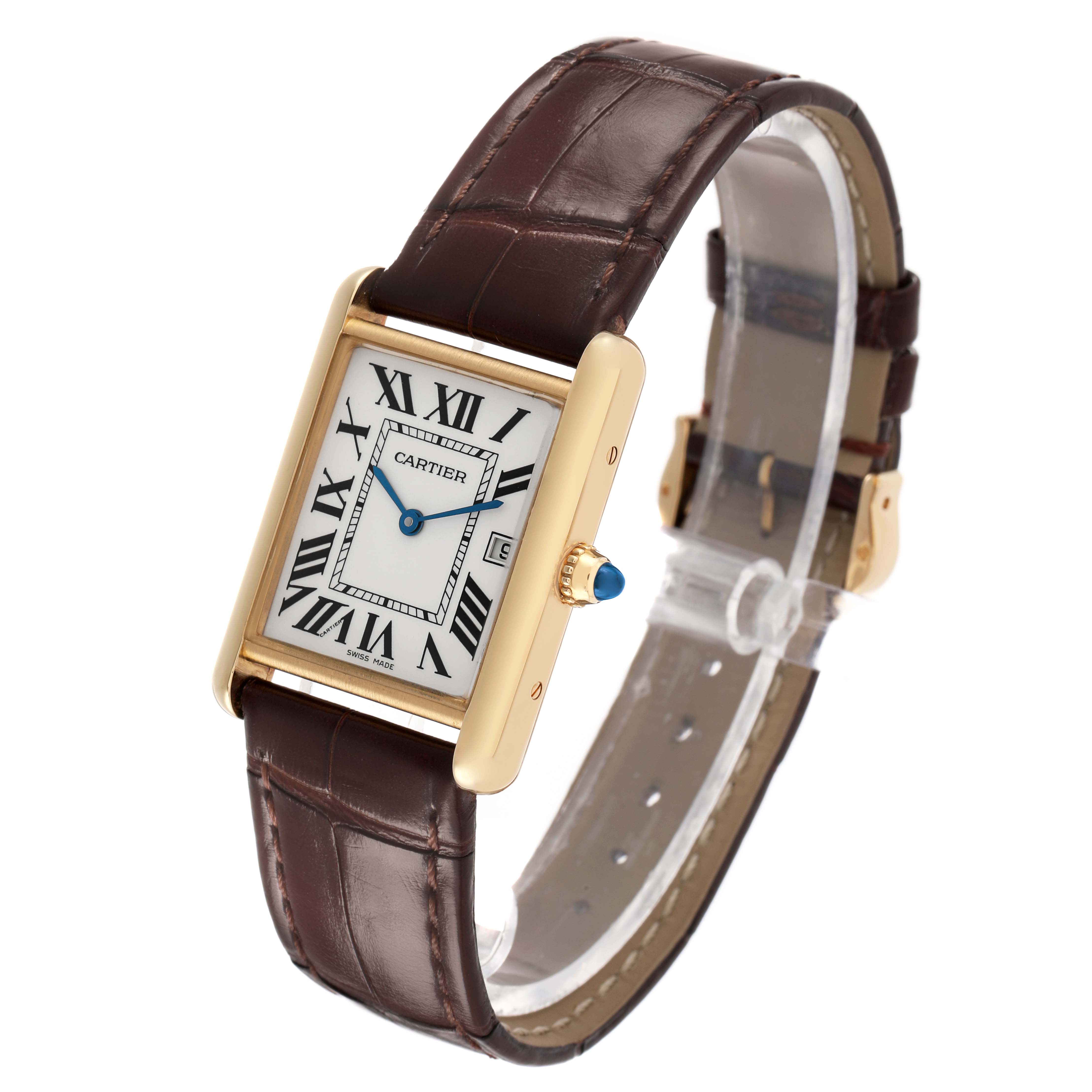 The Cartier Tank Louis W1529756 Men's Yellow Gold Silver Dial watch is shown at an angled view displaying its face, blue hands, brown leather strap, and gold casing.