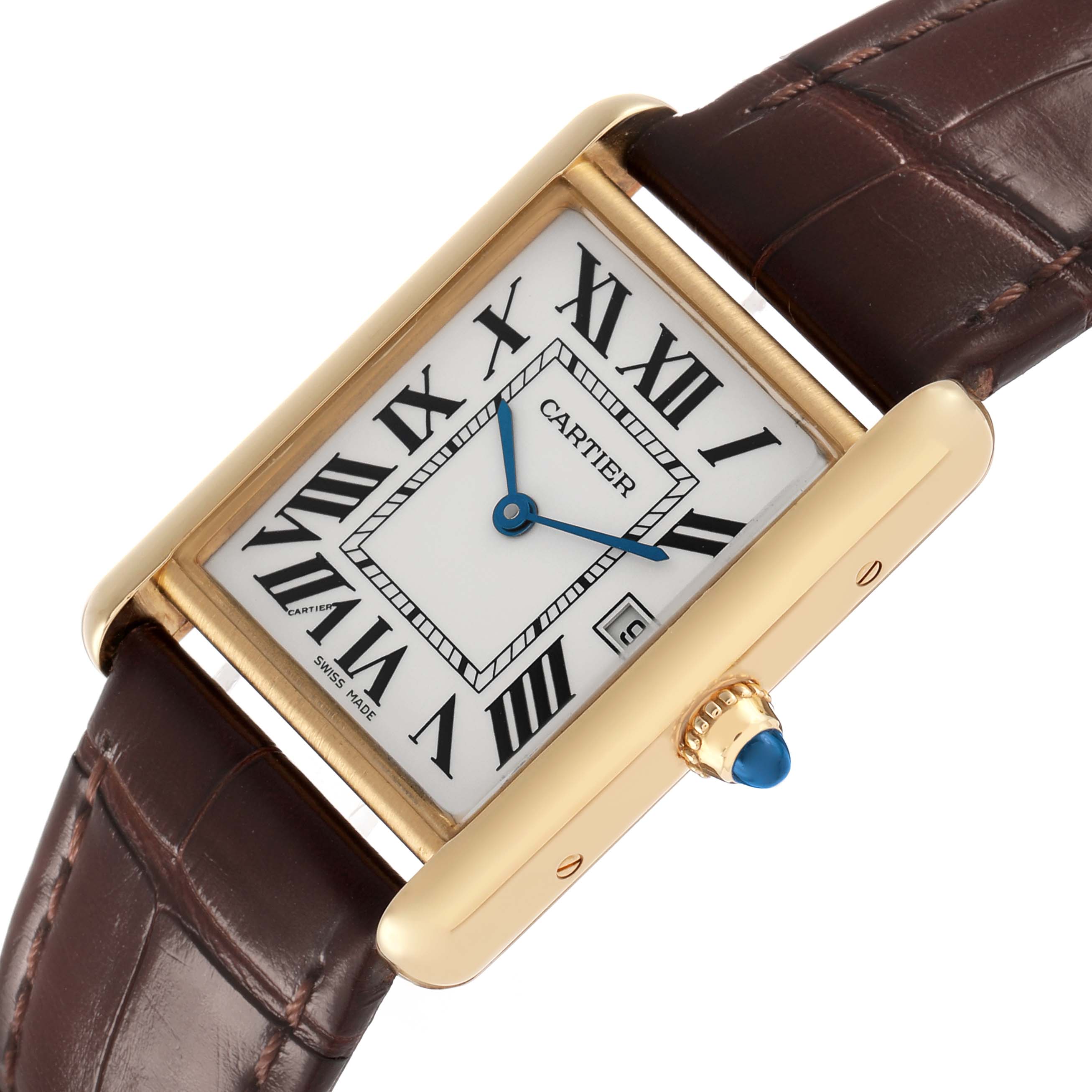 The Cartier Tank Louis W1529756 Men's Yellow Gold Silver Dial watch is shown from a top angle, displaying its rectangular face, Roman numerals, and leather strap.