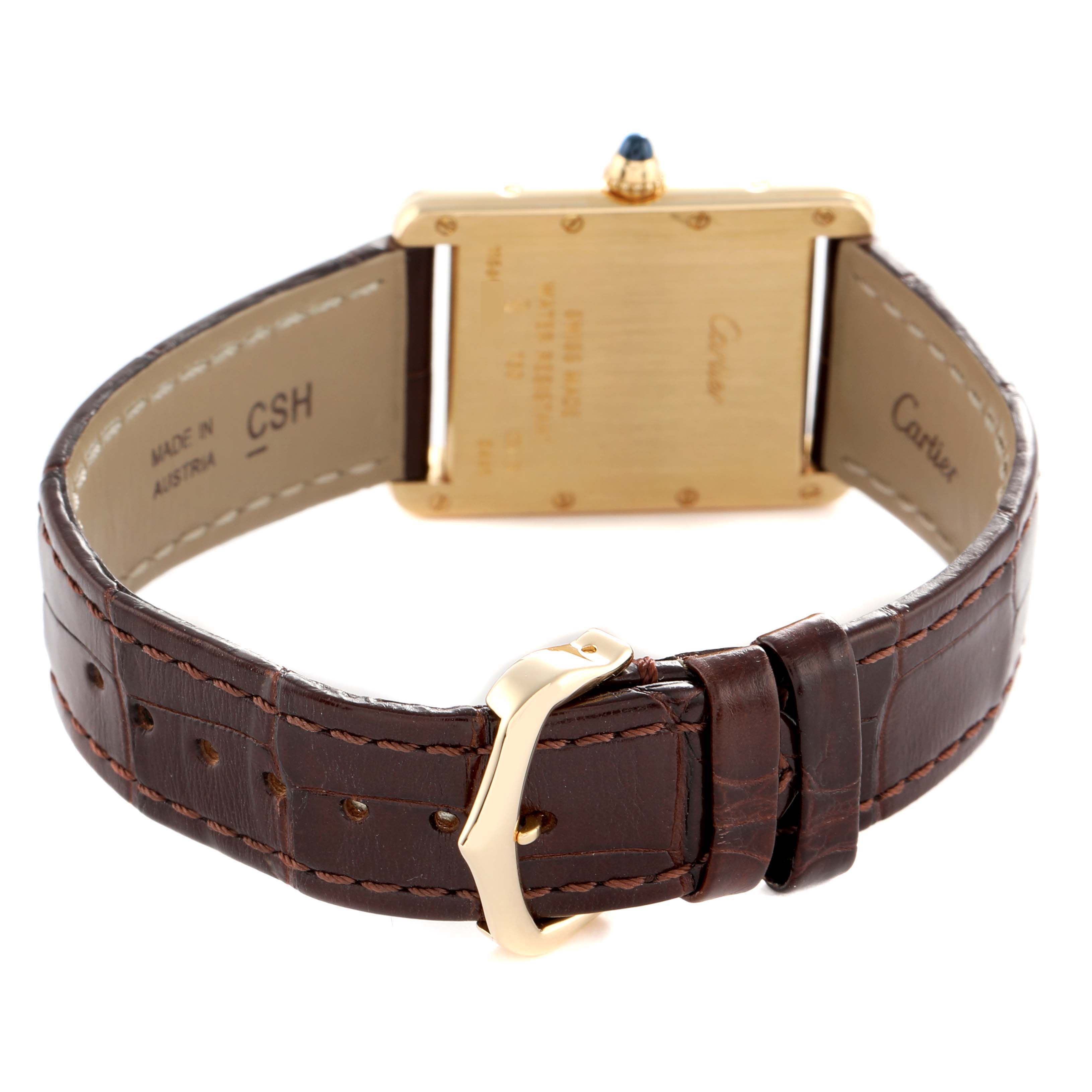 The image shows the back view of a Cartier Tank Louis W1529756 Men's Yellow Gold Silver Dial watch, featuring the case, strap, and buckle.