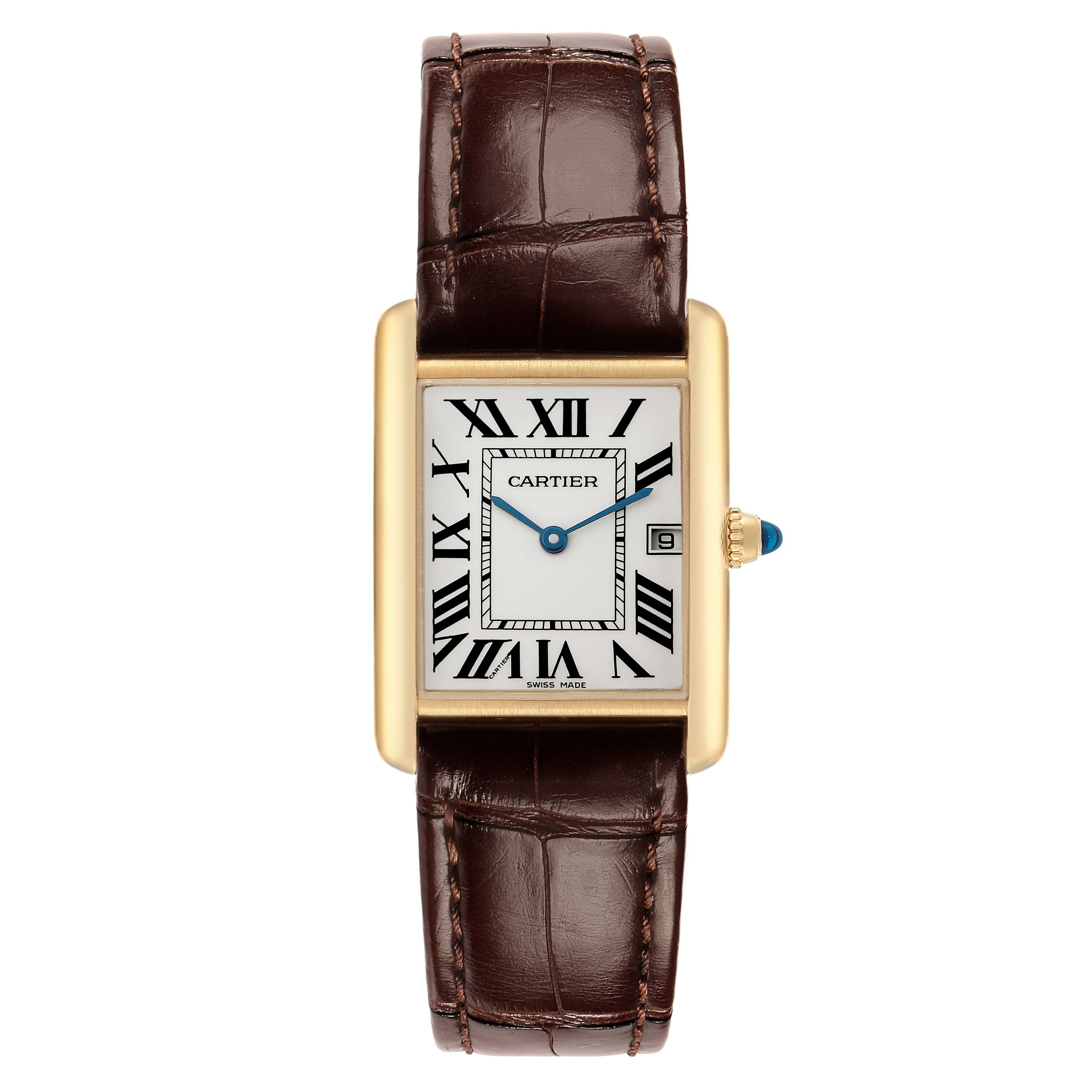 The Cartier Tank Louis W1529756 Men's Yellow Gold Silver Dial watch is shown from the front, displaying its rectangular face, Roman numerals, gold bezel, and brown leather strap.