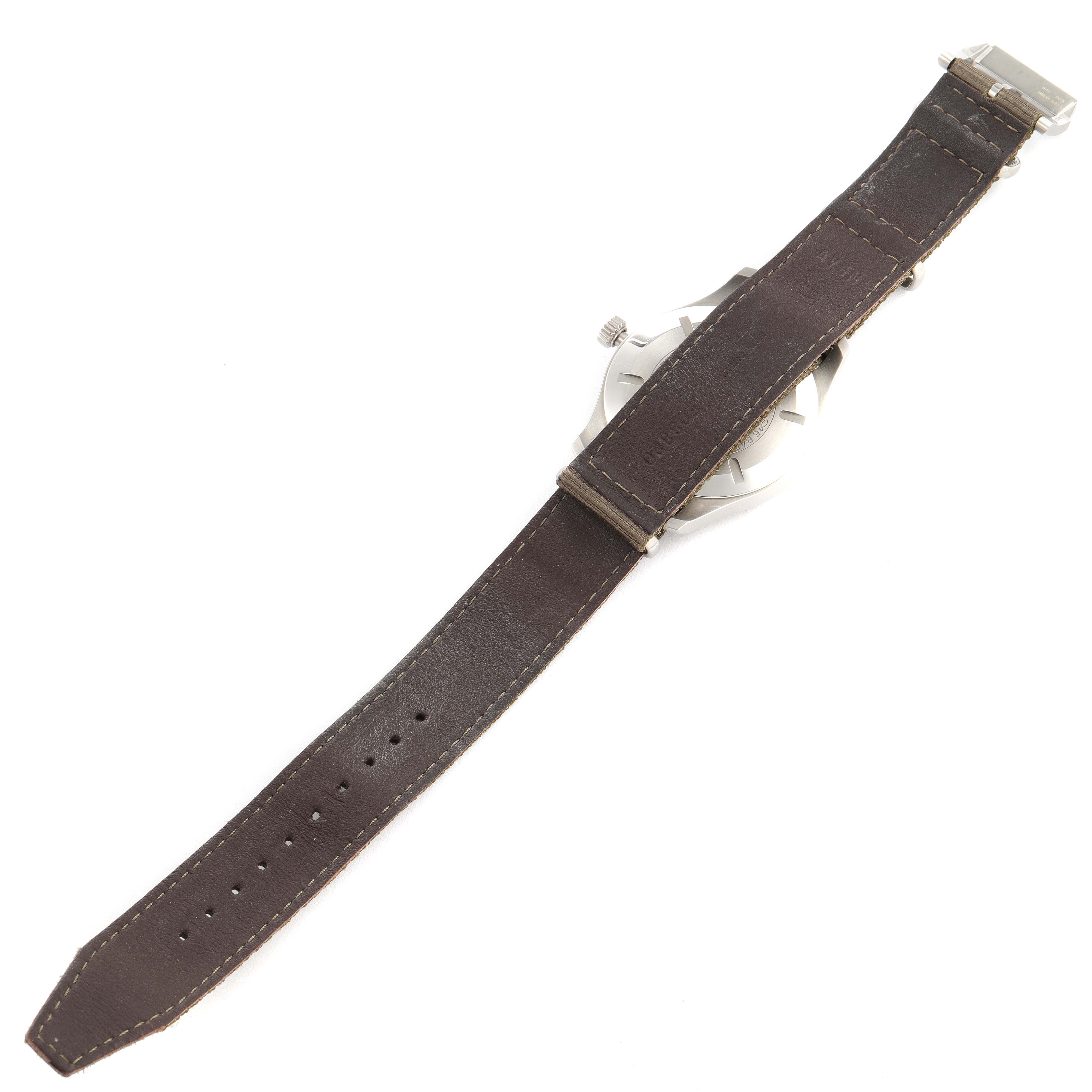 The image shows the back of an IWC Pilot IW327007 Men's Stainless Steel Black Dial IW327007 Men's Stainless Steel Black Dial model watch with a brown leather strap fully extended.