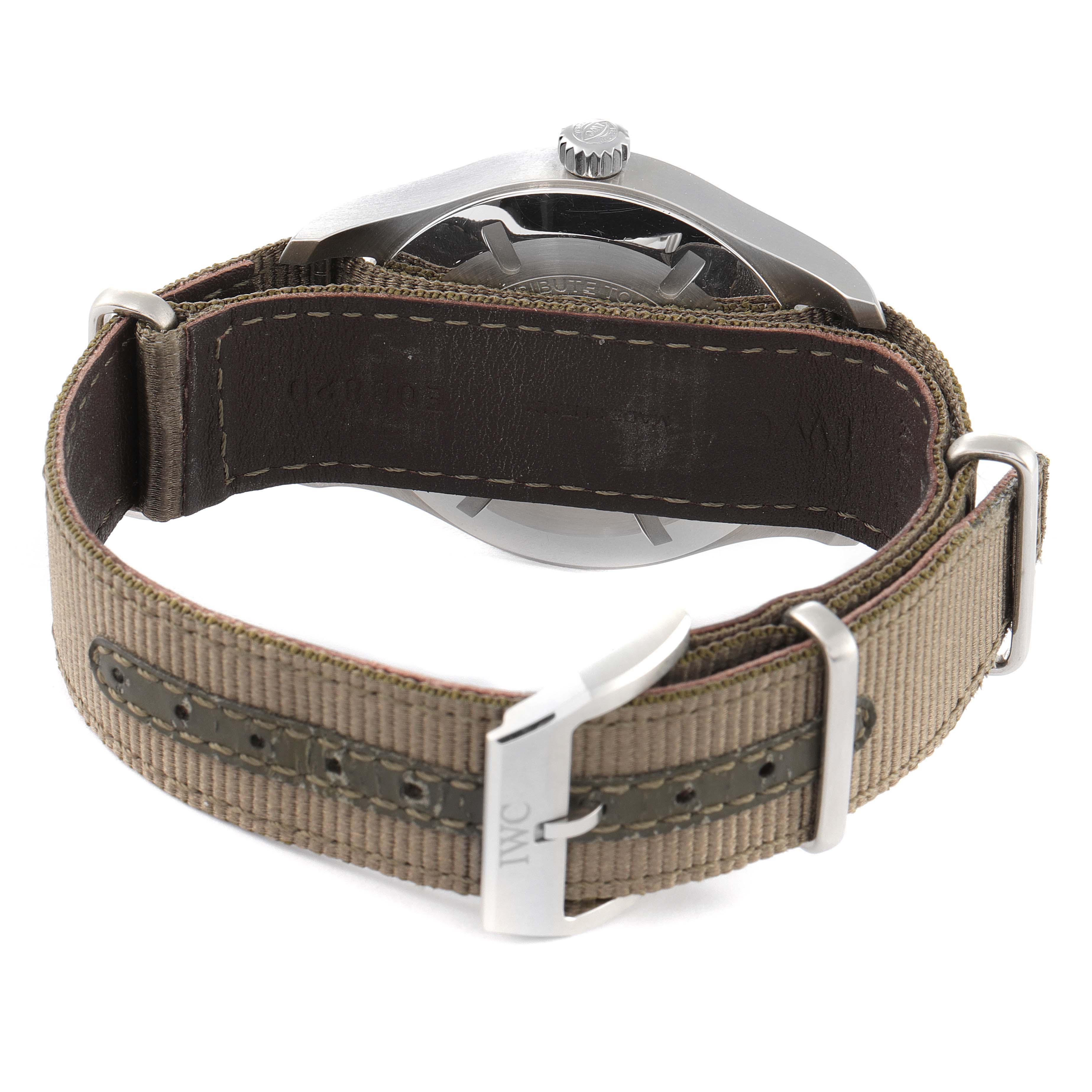 The image shows the back case and strap of an IWC Pilot IW327007 Men's Stainless Steel Black Dial IW327007 Men's Stainless Steel Black Dial model watch seen from the rear.