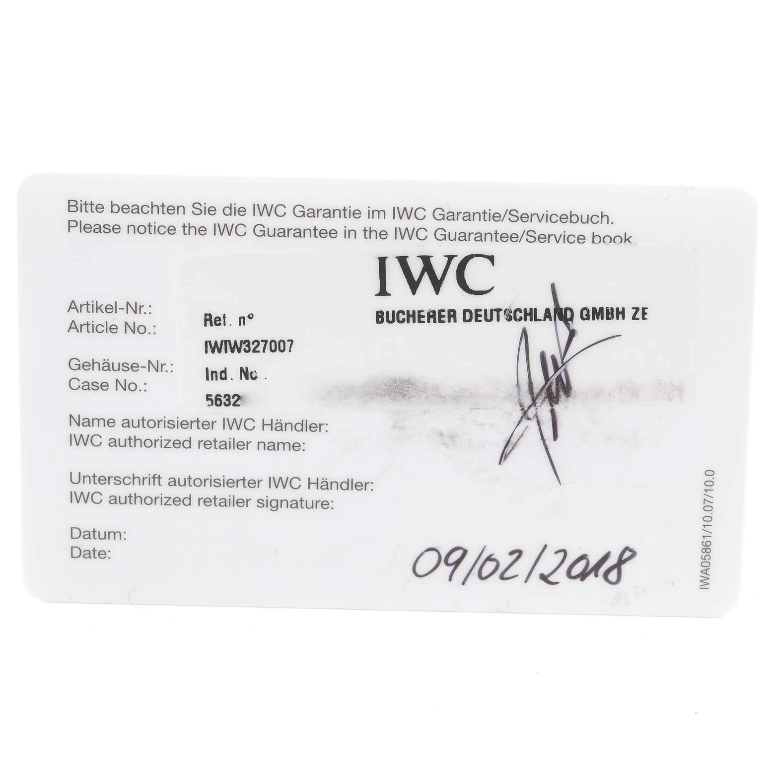 The image shows a warranty card for an IWC Pilot IW327007 Men's Stainless Steel Black Dial IW327007 Men's Stainless Steel Black Dial model watch with various details including article and case numbers.