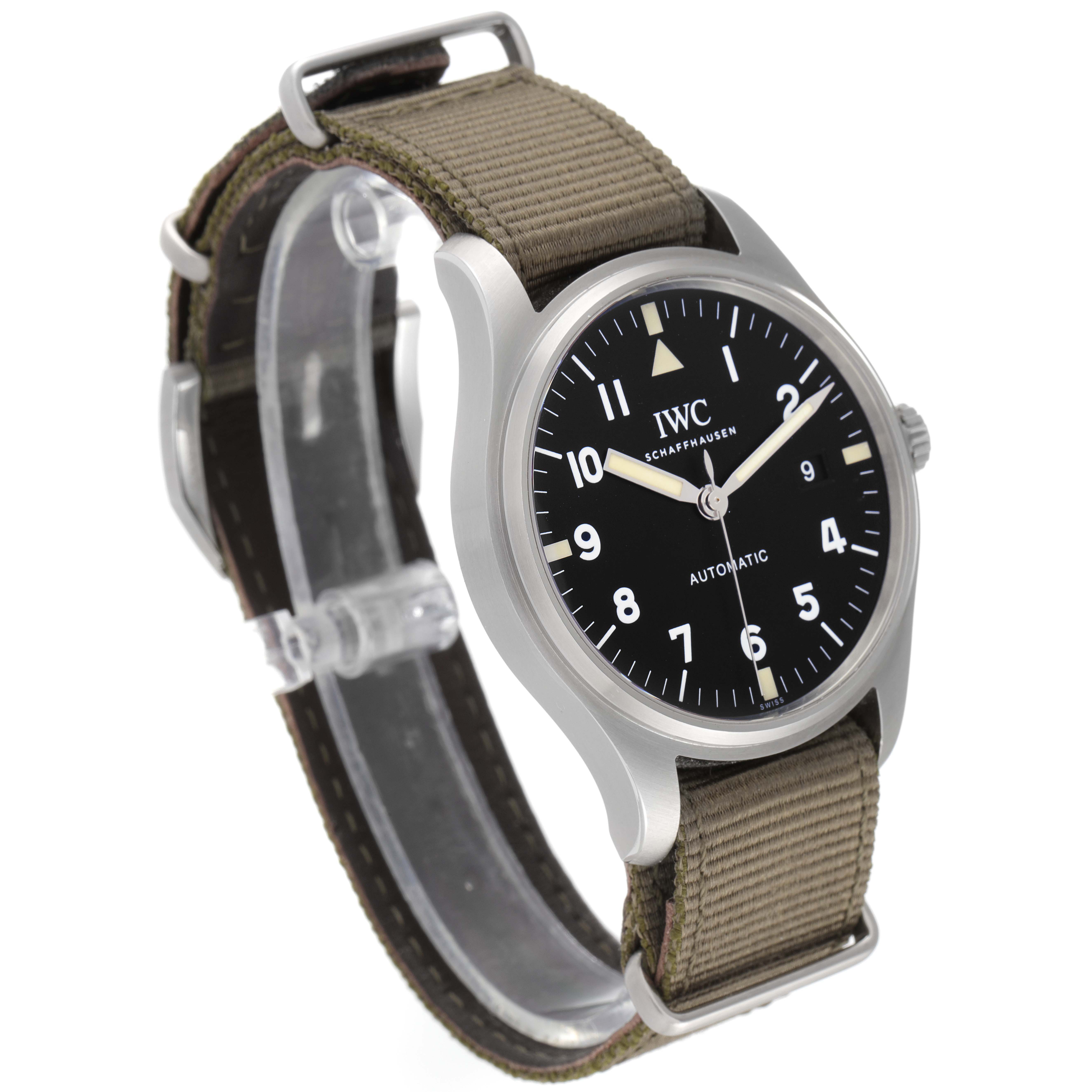 The image shows an IWC Pilot IW327007 Men's Stainless Steel Black Dial IW327007 Men's Stainless Steel Black Dial model watch at a three-quarter angle, displaying the face, strap, and bezel.