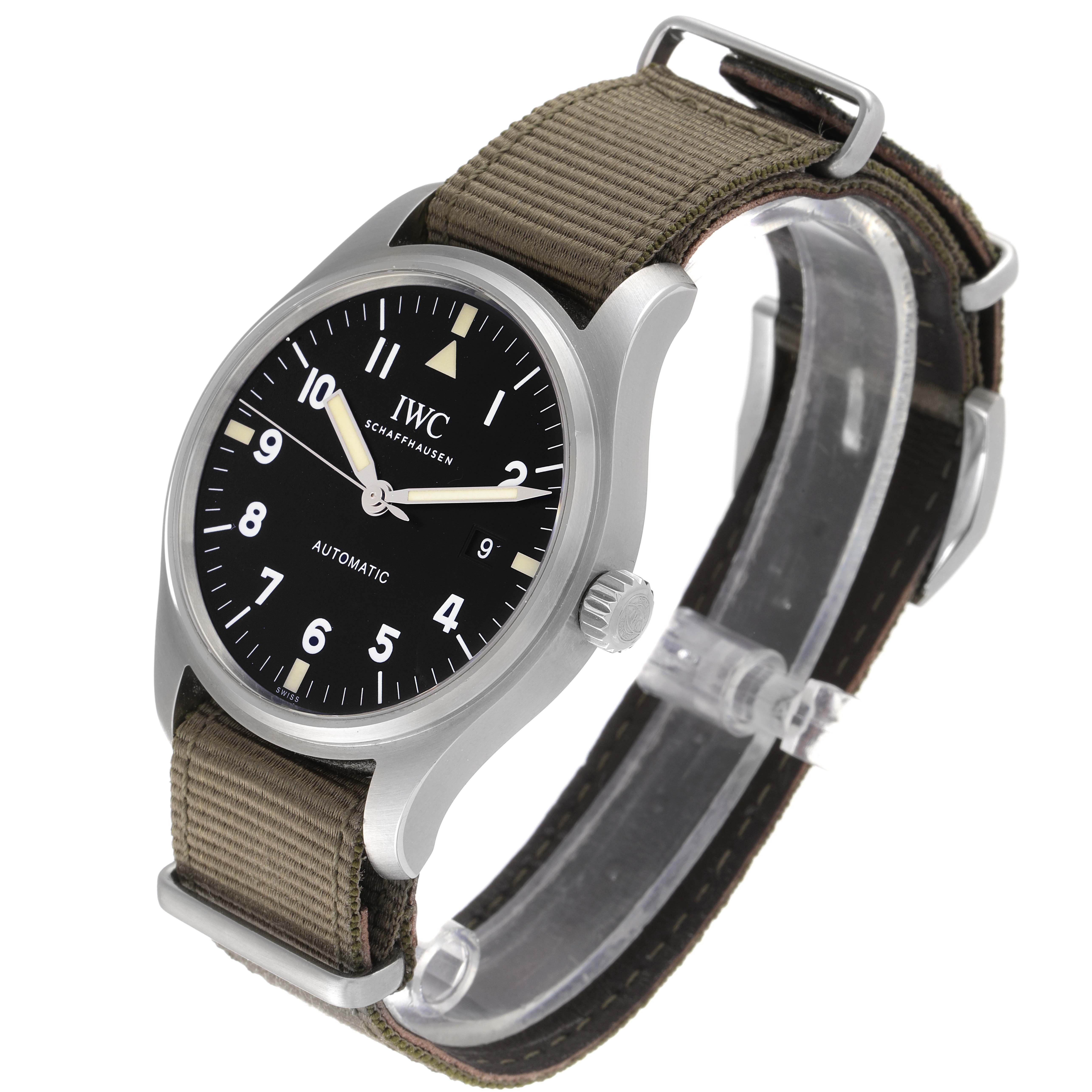 The IWC Pilot IW327007 Men's Stainless Steel Black Dial IW327007 Men's Stainless Steel Black Dial model watch is shown at a slight side angle, displaying the face, bezel, crown, and fabric strap.