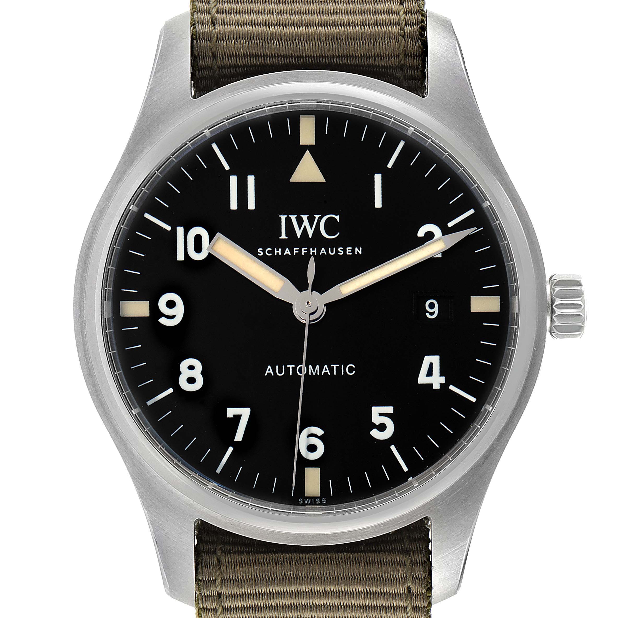 This image shows the front view of an IWC Pilot IW327007 Men's Stainless Steel Black Dial IW327007 Men's Stainless Steel Black Dial model watch, featuring its black dial, hour markers, hands, and crown.