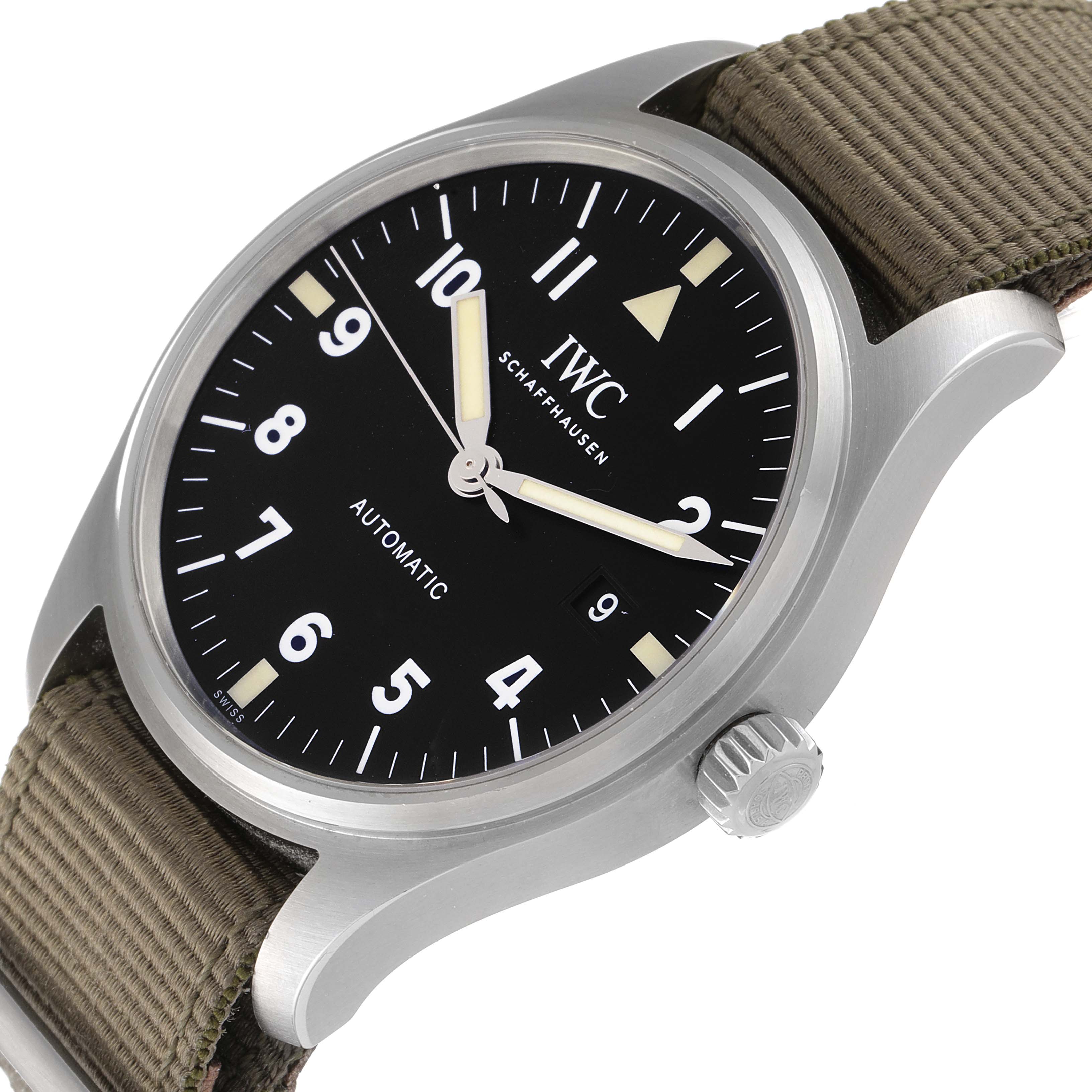The IWC Pilot IW327007 Men's Stainless Steel Black Dial IW327007 Men's Stainless Steel Black Dial model watch is shown at a three-quarter angle, displaying the face, bezel, crown, and part of the strap.