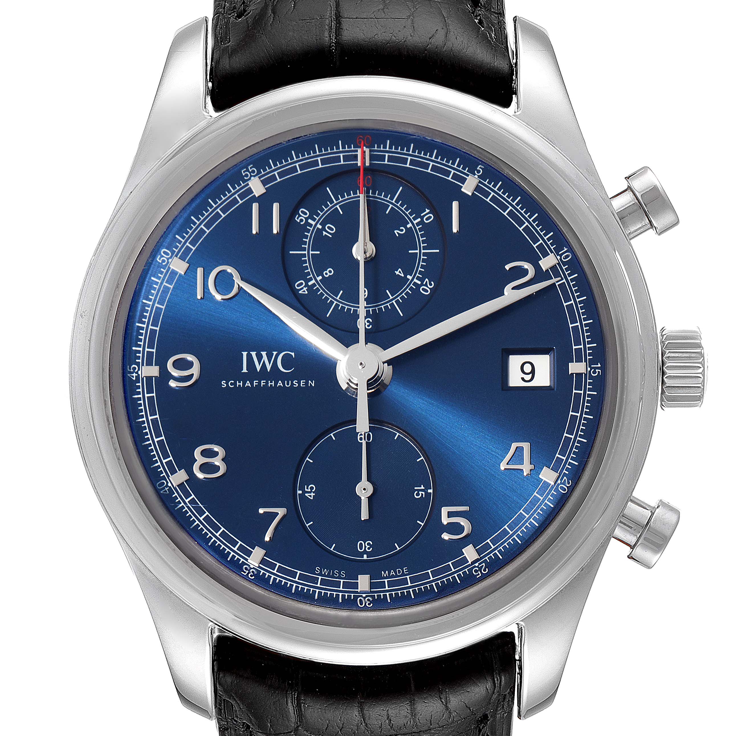 This image shows a front view of the IWC Portuguese IW390406 Men's Stainless Steel Blue Dial IW390406 Men's Stainless Steel Blue Dial model watch, featuring a blue dial, chronograph subdials, date window, and black leather strap.