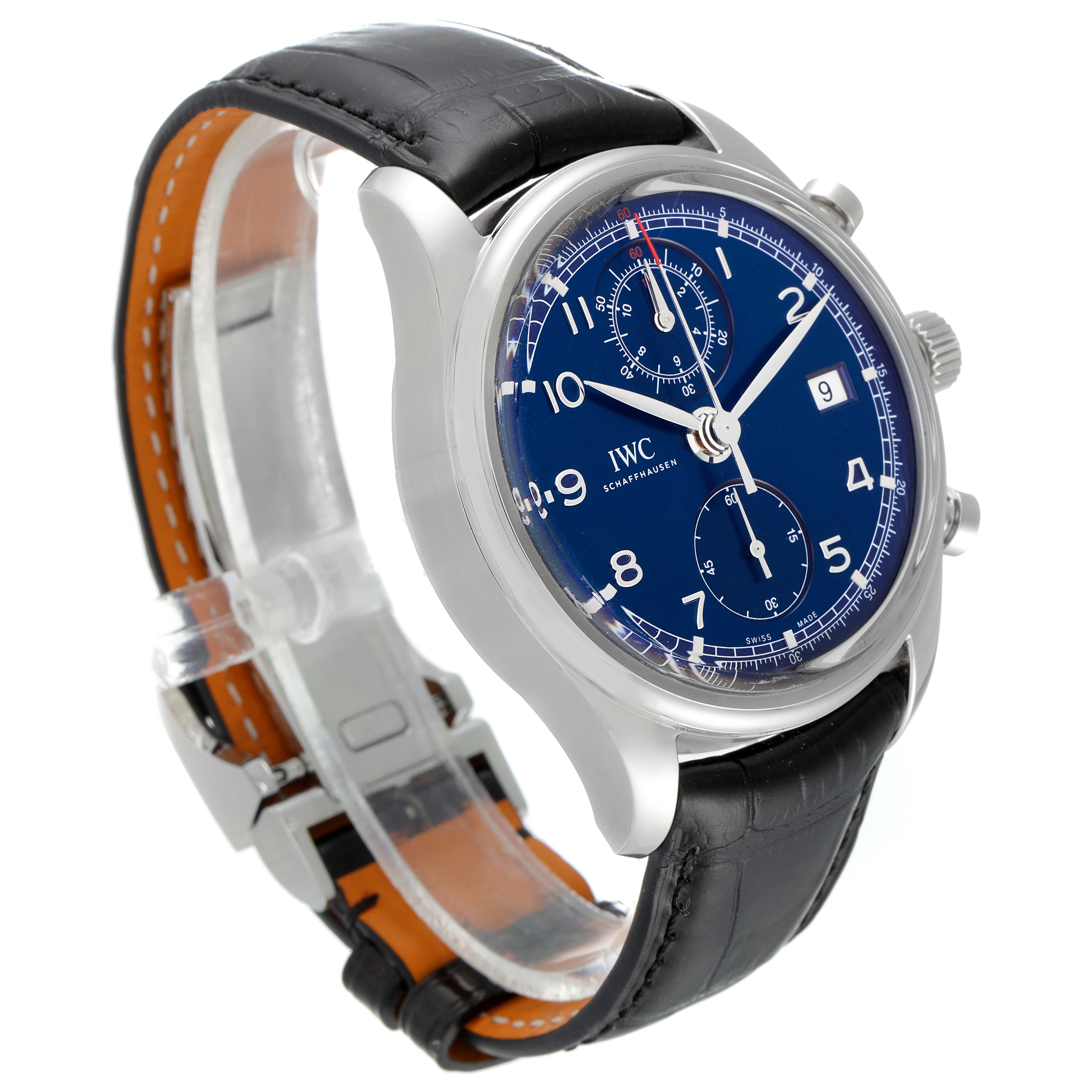 This image shows a side angle of the IWC Portuguese IW390406 Men's Stainless Steel Blue Dial IW390406 Men's Stainless Steel Blue Dial model watch, highlighting its blue dial, chronograph, and black leather strap.