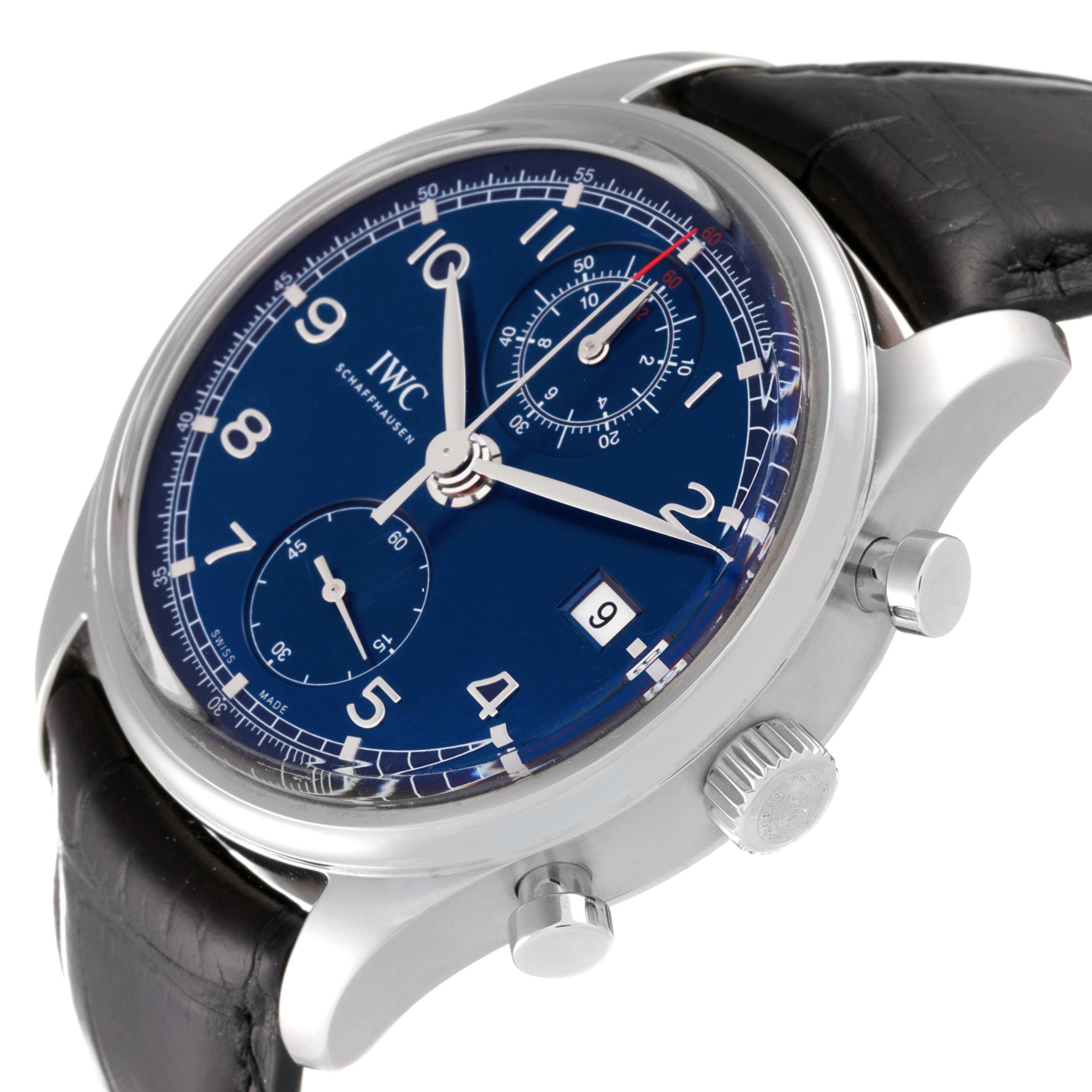 The image shows a side angle of the IWC Portuguese IW390406 Men's Stainless Steel Blue Dial IW390406 Men's Stainless Steel Blue Dial model watch, displaying its blue dial, chronograph subdials, date window, and crown.