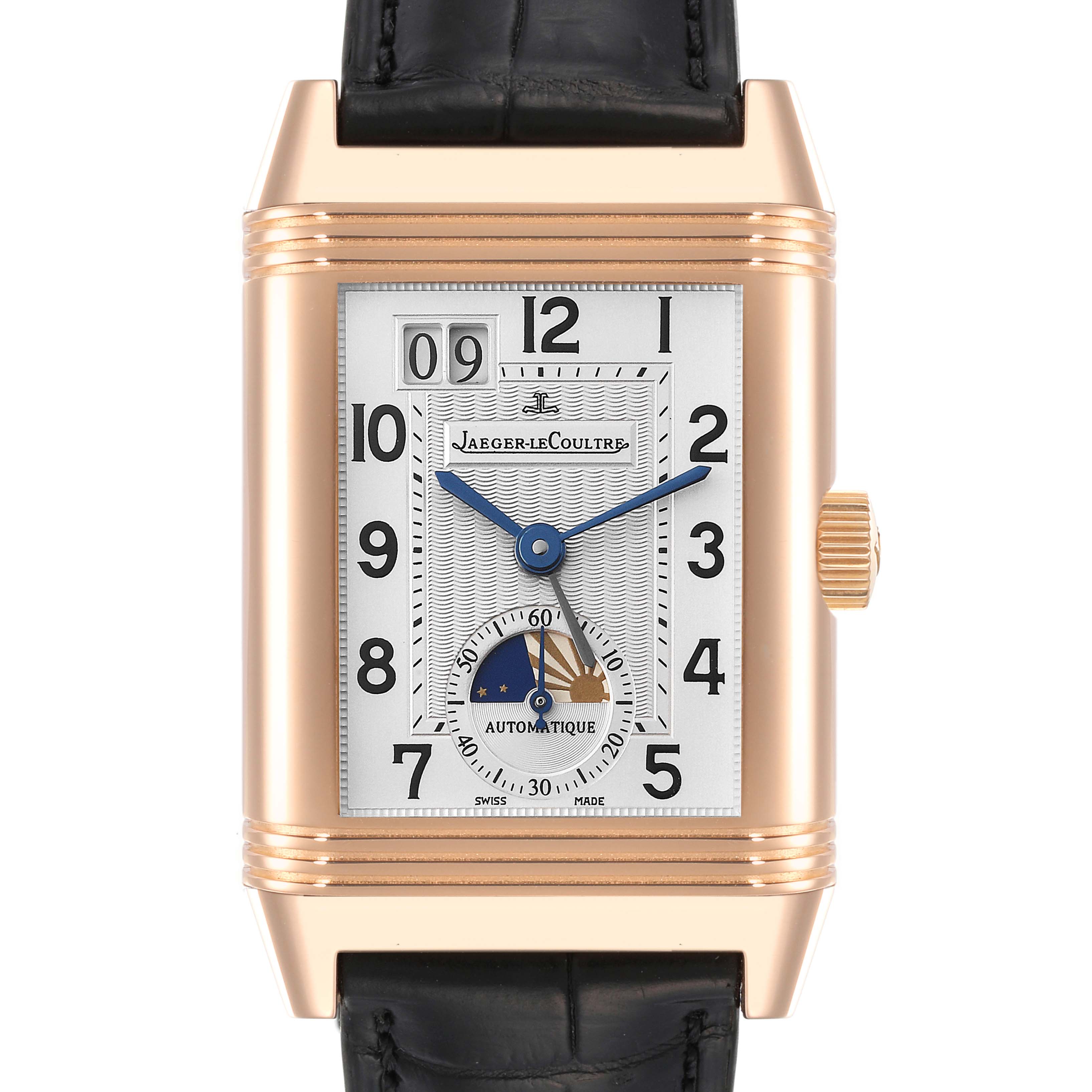 The image shows a frontal view of a Jaeger-LeCoultre Reverso watch with a gold case and a black leather strap.