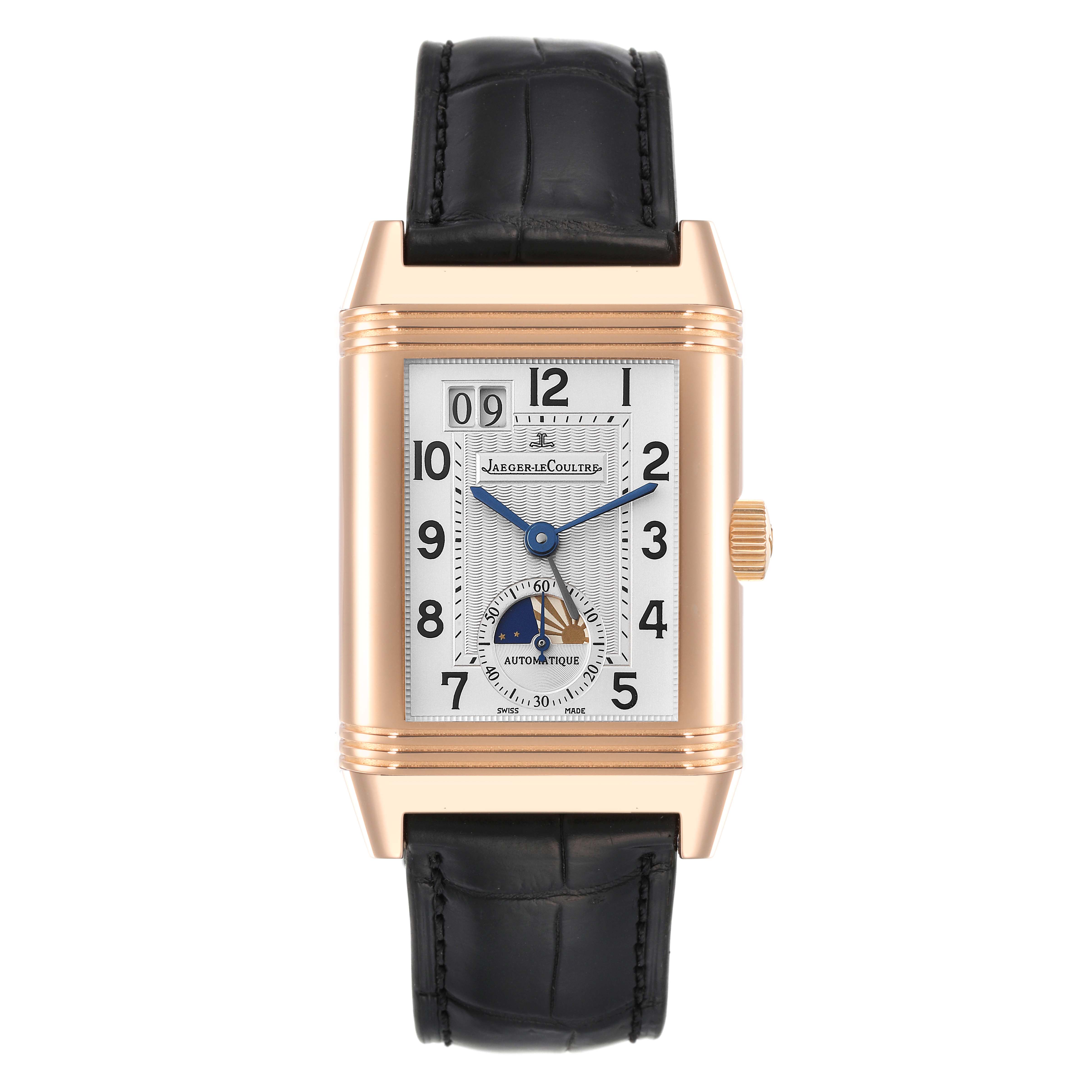 The image shows a front view of a Jaeger-LeCoultre Reverso watch with a leather strap and gold case.