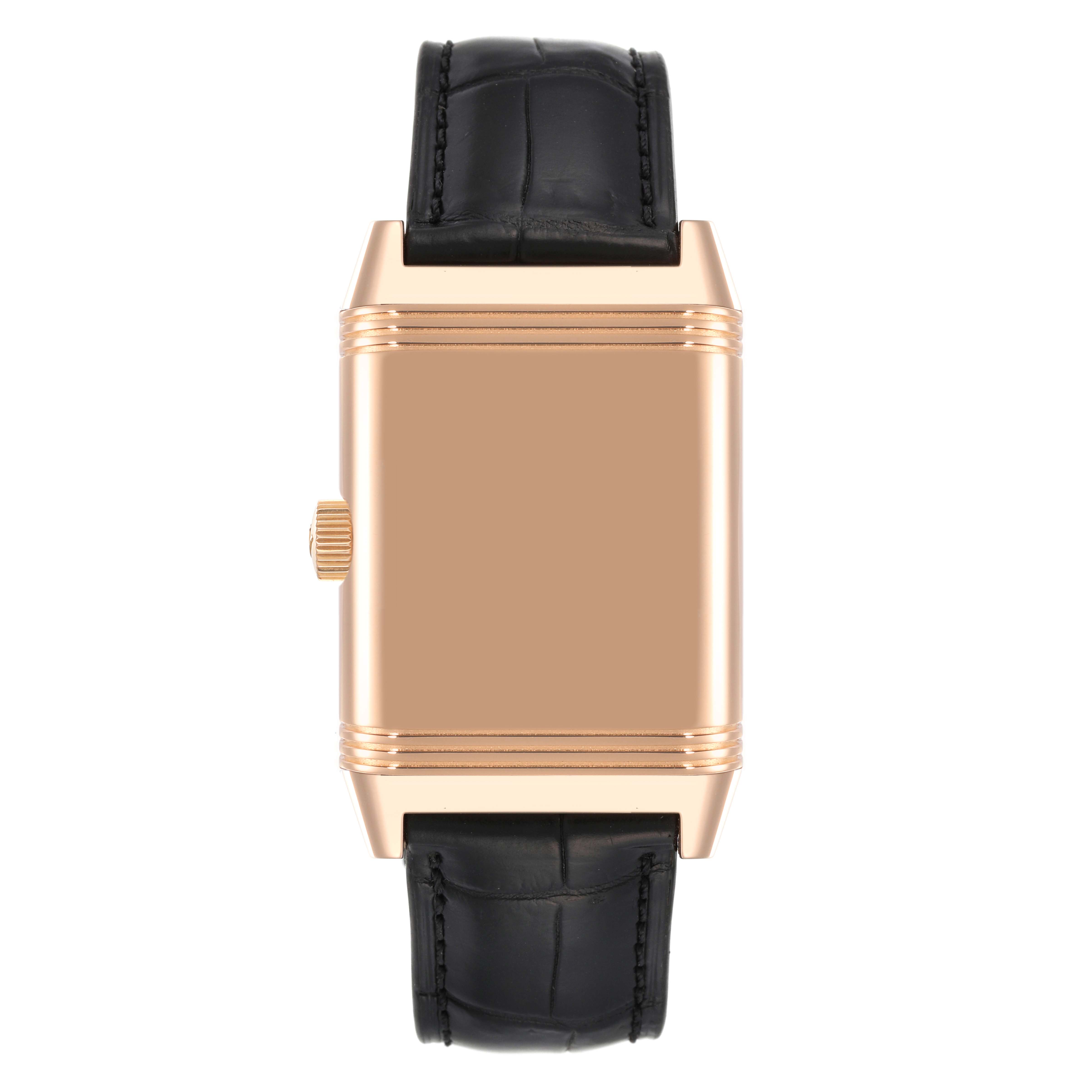 This image shows a front view of a Jaeger LeCoultre Reverso Q3032420 Men
s Rose Gold Silver Dial Q3032420 Men
s Rose Gold Silver Dial watch, displaying its rectangular case and black leather strap.