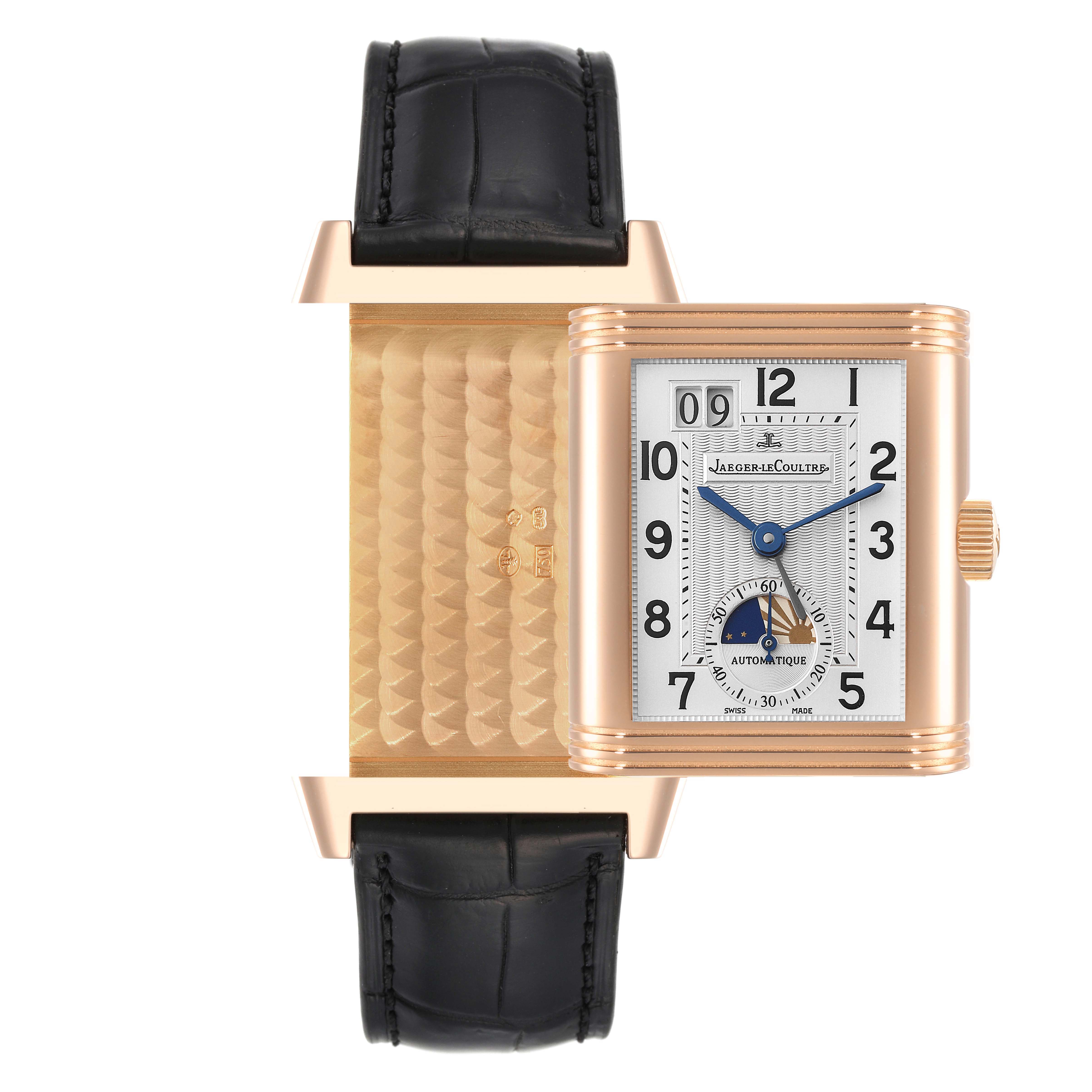 The image shows the front dial and the engraved back of the Jaeger LeCoultre Reverso Q3032420 Men
s Rose Gold Silver Dial Q3032420 Men
s Rose Gold Silver Dial watch, highlighting its reversible case.