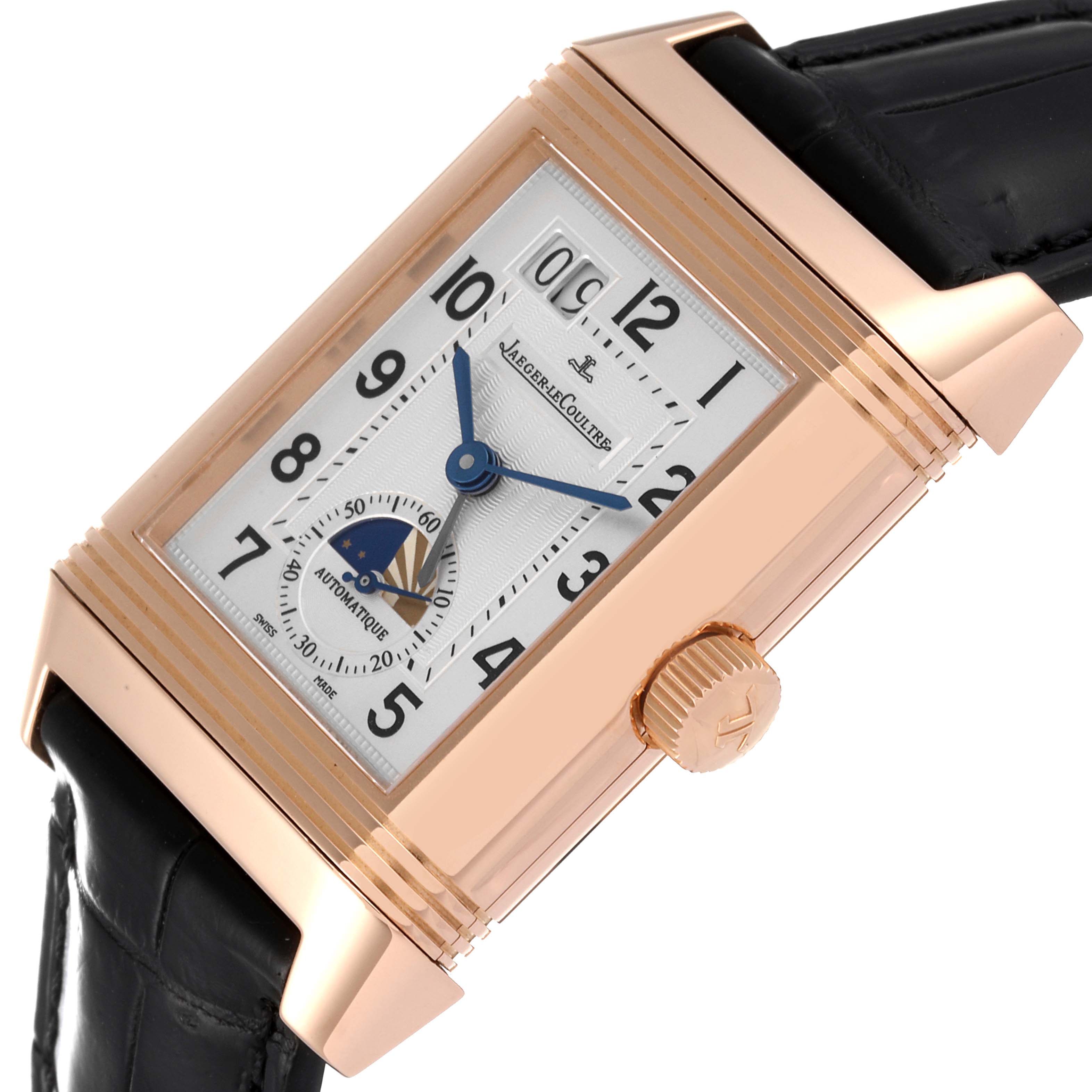 This Jaeger LeCoultre Reverso Q3032420 Men
s Rose Gold Silver Dial Q3032420 Men
s Rose Gold Silver Dial model watch is shown from a tilted angle highlighting the face, crown, and part of the strap.