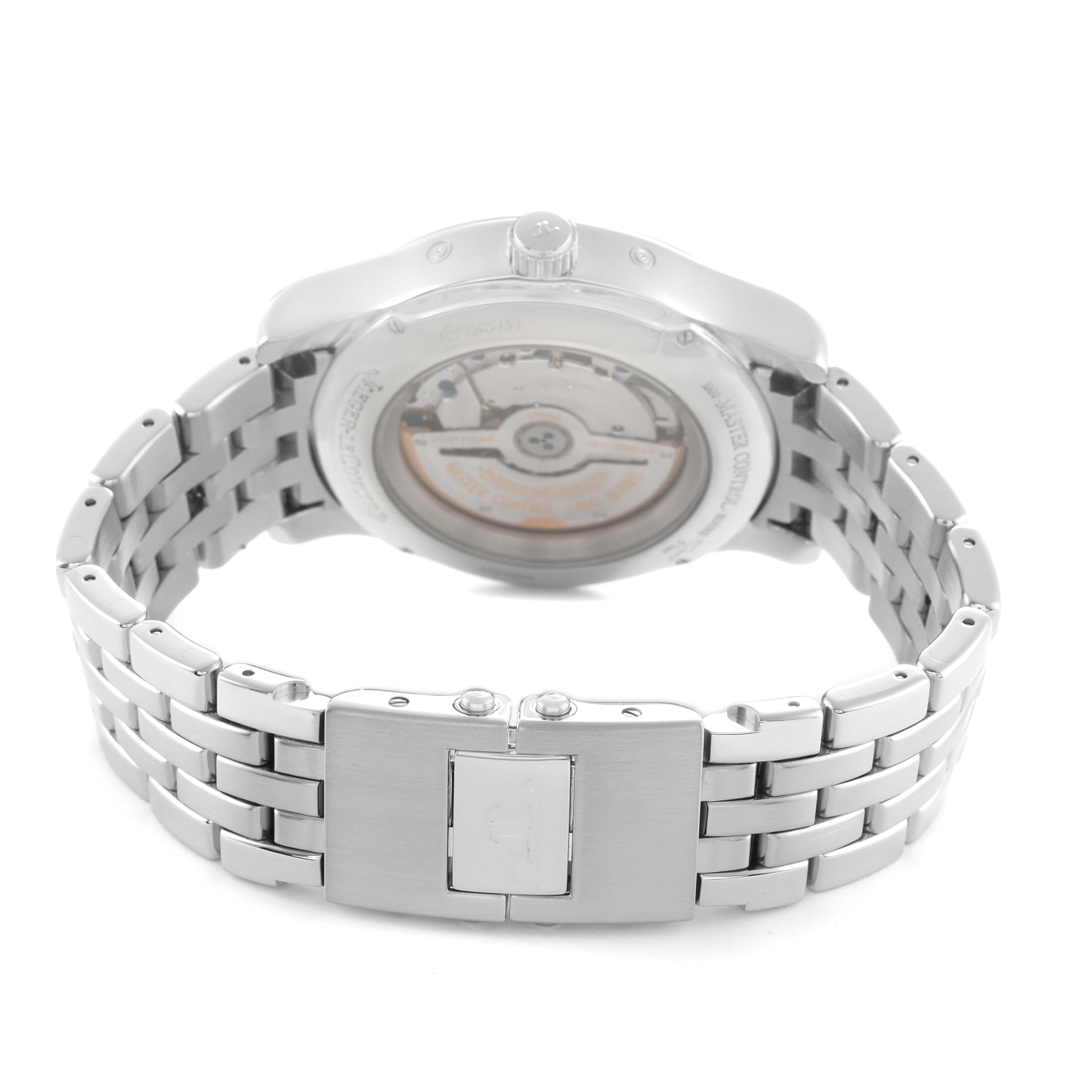 The Jaeger LeCoultre Master Q151812A Men's Stainless Steel Silver Dial watch is shown from the back, highlighting the case back, movement, and metal bracelet.