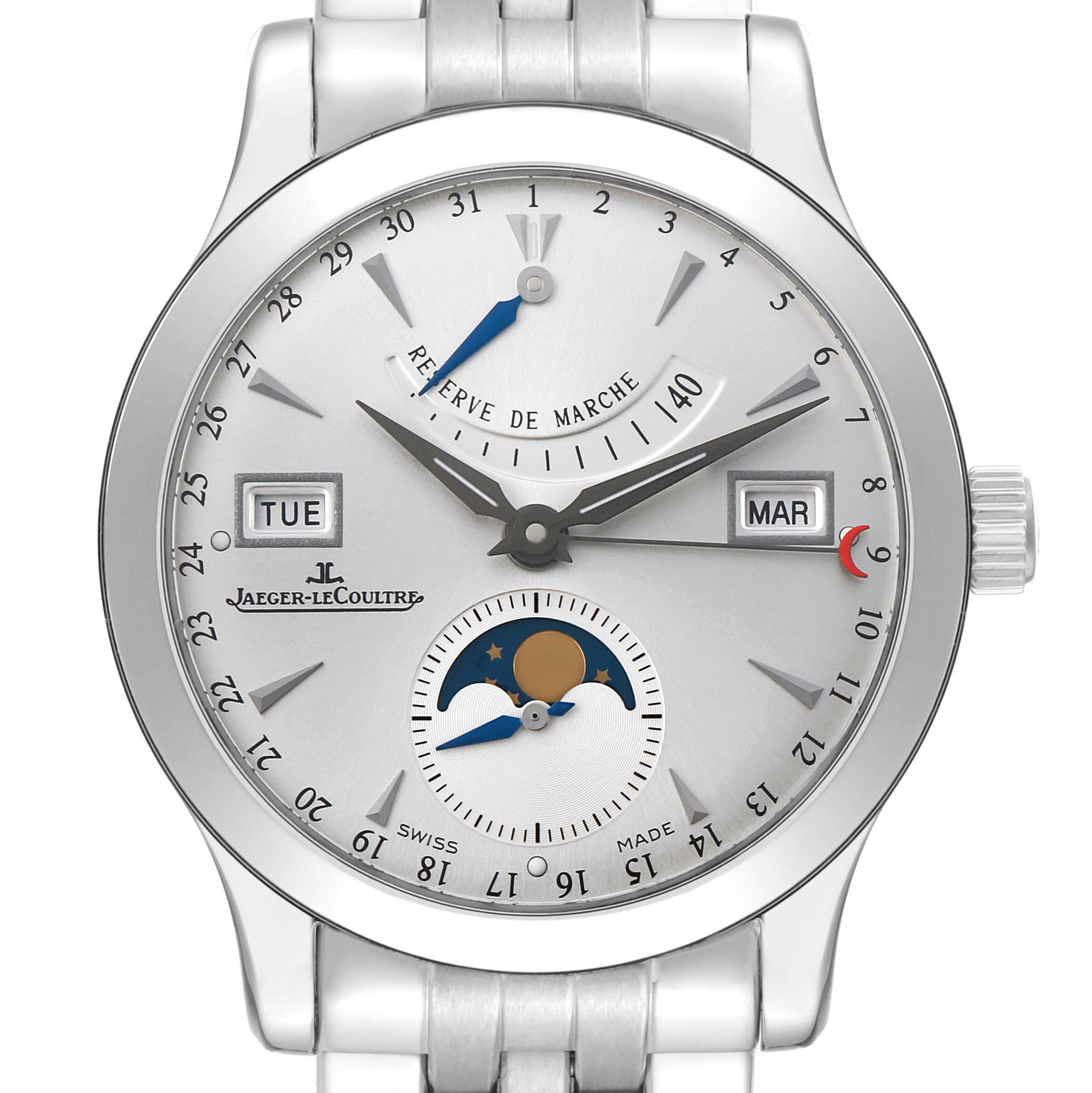 The Jaeger LeCoultre Master Q151812A Men's Stainless Steel Silver Dial model watch is shown from the front, displaying the dial with date, day, month, and moon phase features.