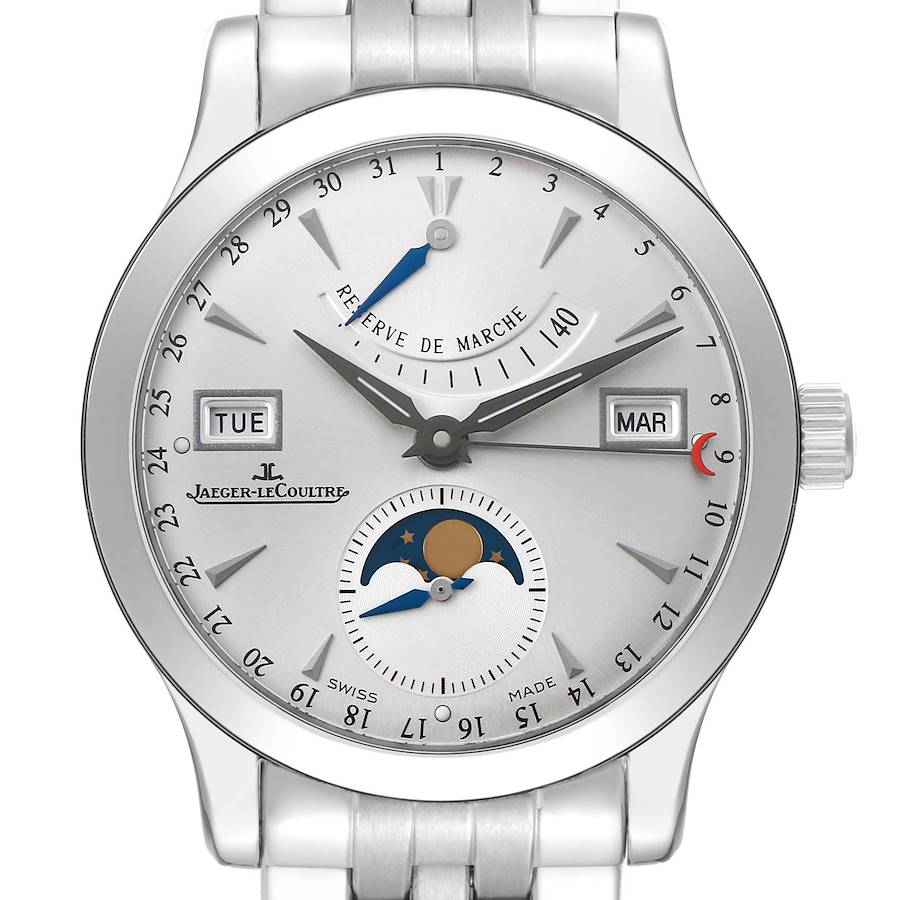 The Jaeger LeCoultre Master Q151812A Men's Stainless Steel Silver Dial model watch is shown from the front, displaying the dial with date, day, month, and moon phase features.