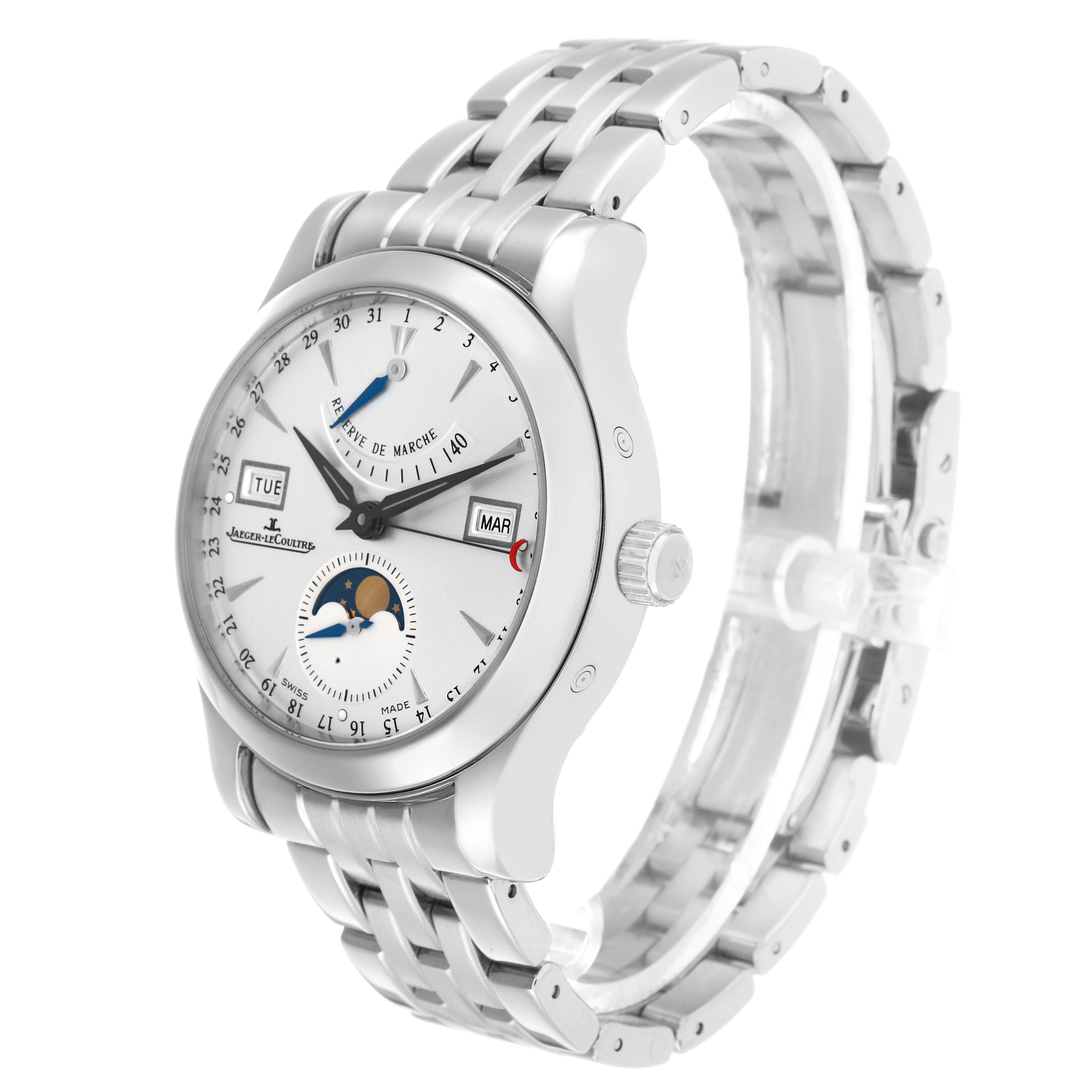 The Jaeger-LeCoultre Master watch is shown at a three-quarter angle, displaying its face, crown, and bracelet in detail.