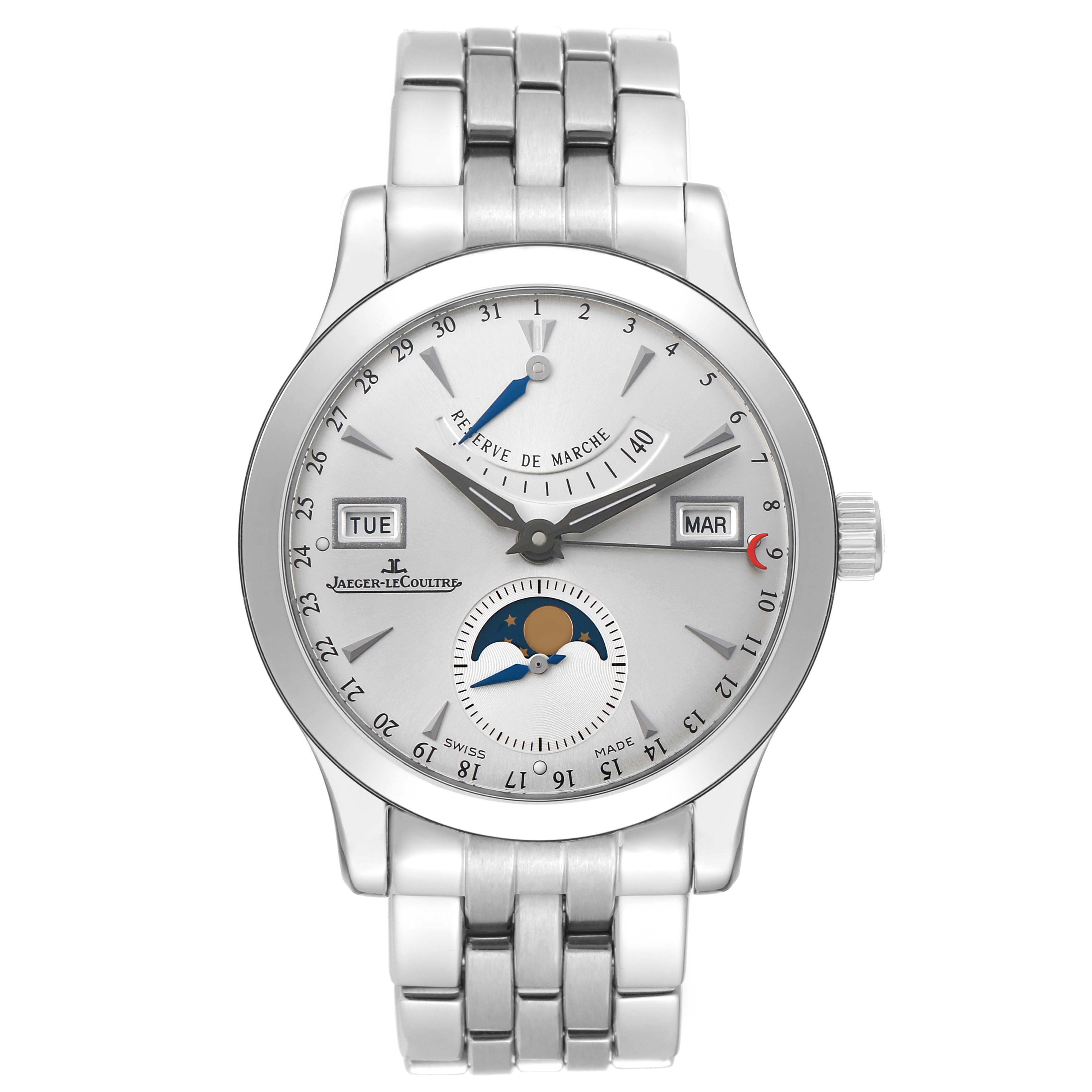 The Jaeger-LeCoultre Master watch is shown from the front, displaying the dial, bracelet, and crown.