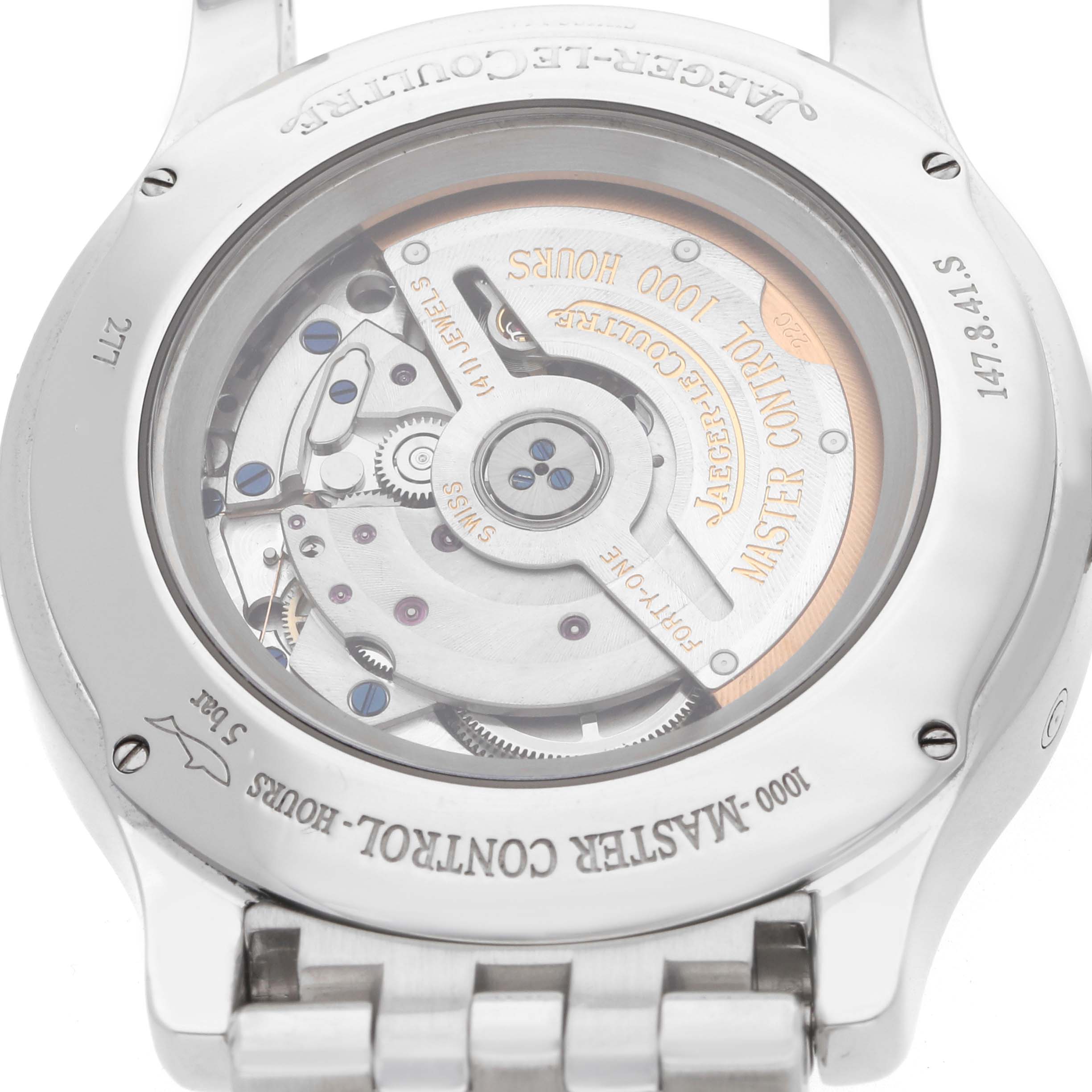 The image shows the back of a Jaeger LeCoultre Master Q151812A Men's Stainless Steel Silver Dial model, highlighting its internal mechanism and rotor.