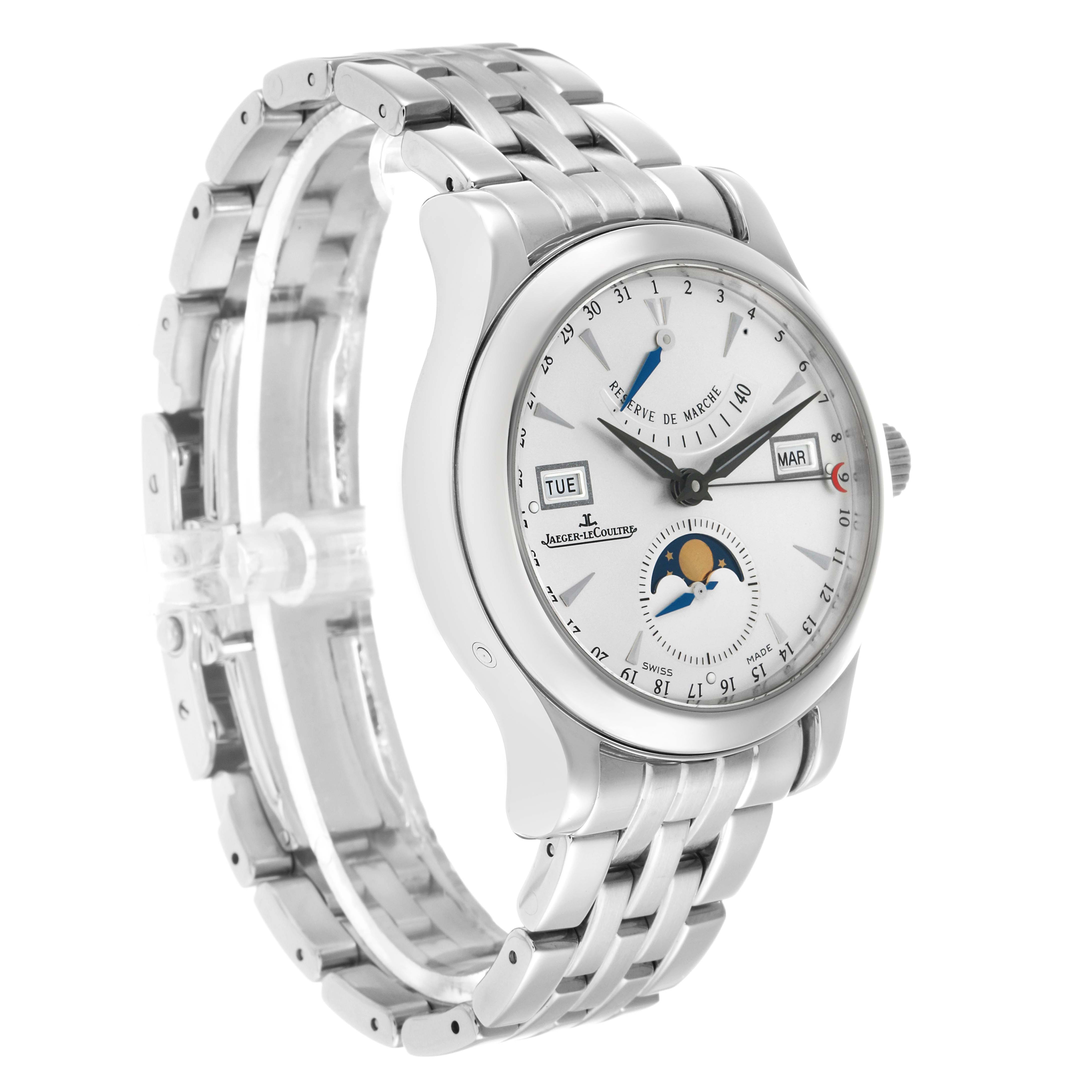 The Jaeger LeCoultre Master Q151812A Men's Stainless Steel Silver Dial watch is shown at a slight angle, displaying the face, side, and bracelet clearly.