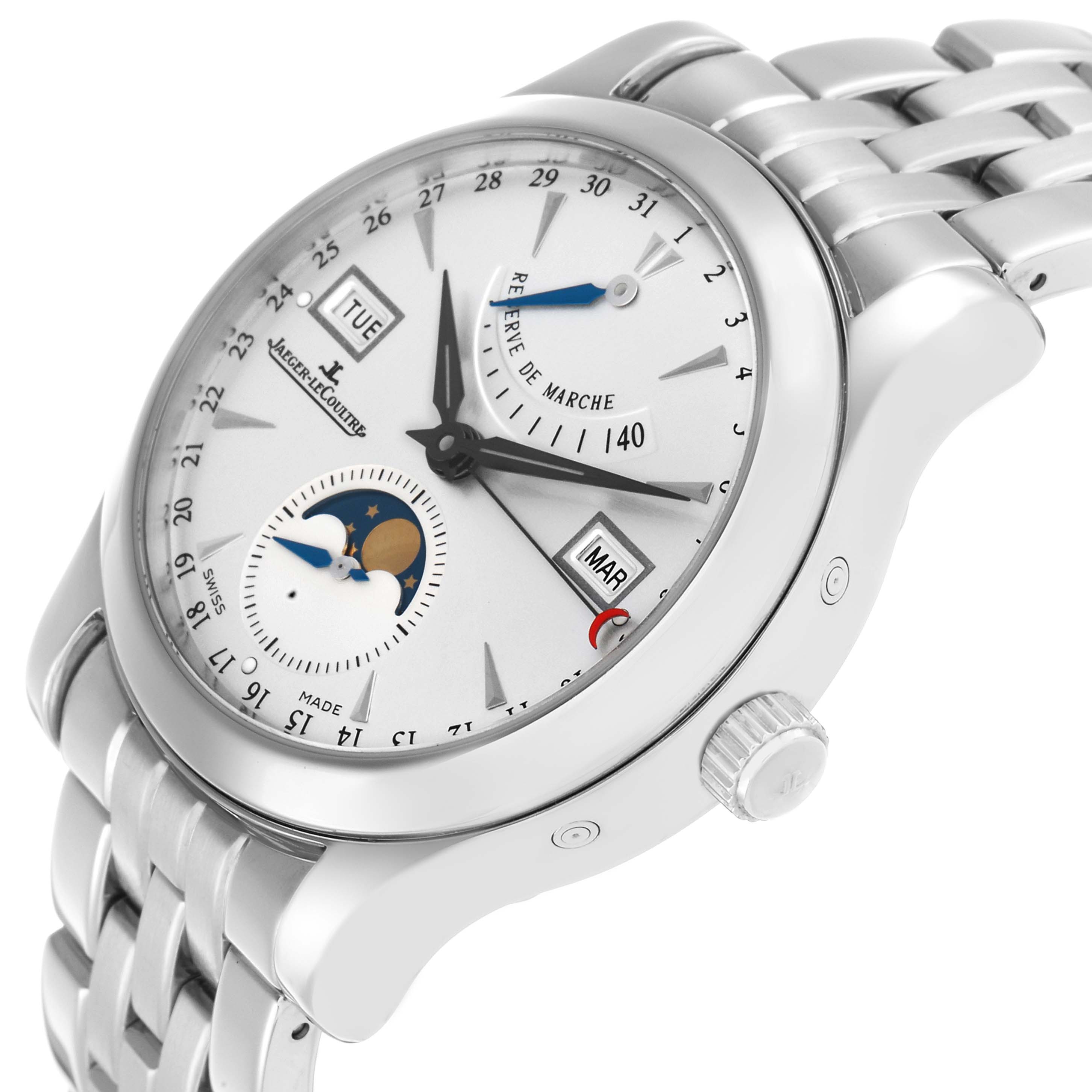 The Jaeger LeCoultre Master Q151812A Men's Stainless Steel Silver Dial watch is shown at a slight angle, highlighting the dial, crown, and part of the bracelet.