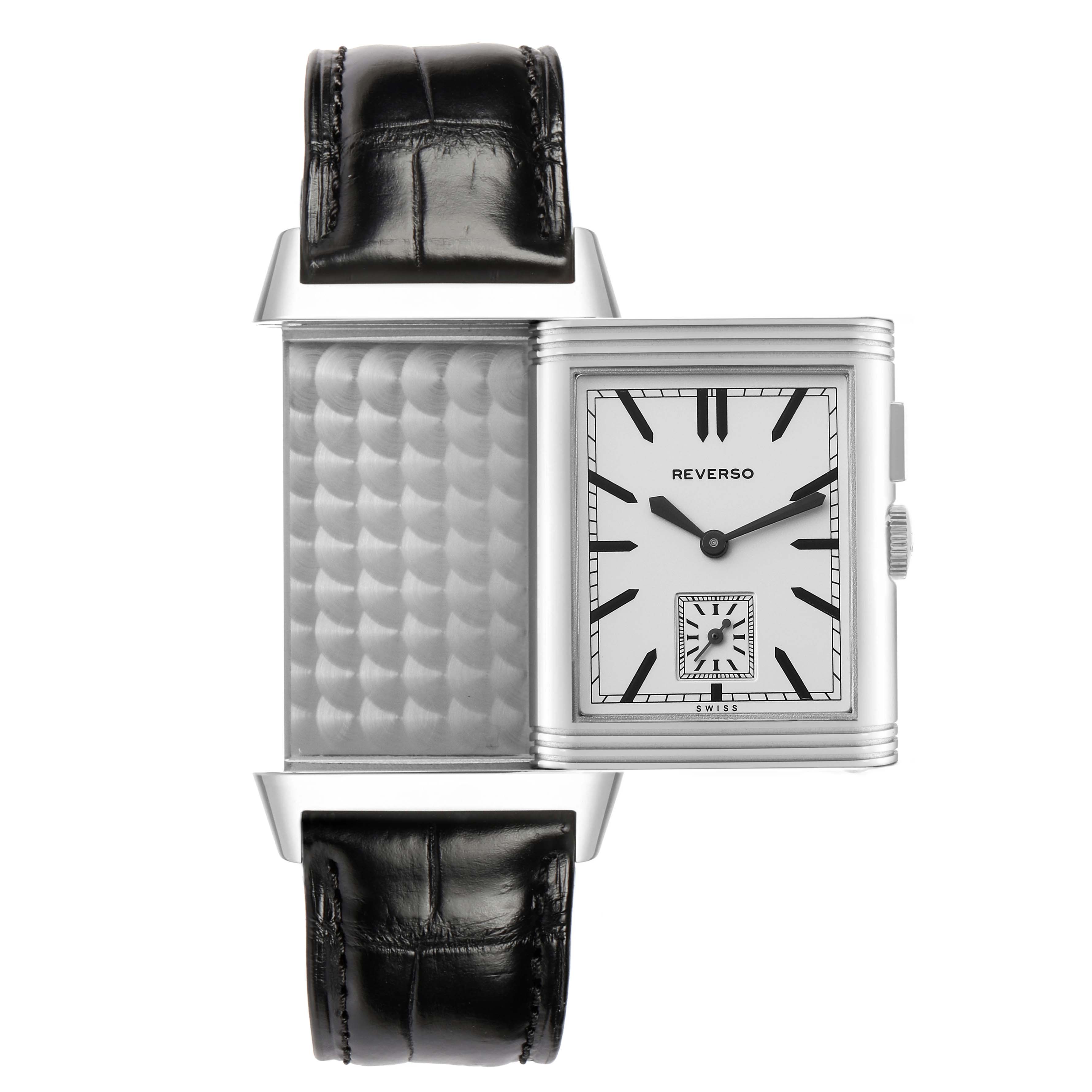 The Jaeger-LeCoultre Reverso watch is shown front-facing, partially rotated to reveal the back and dial side.