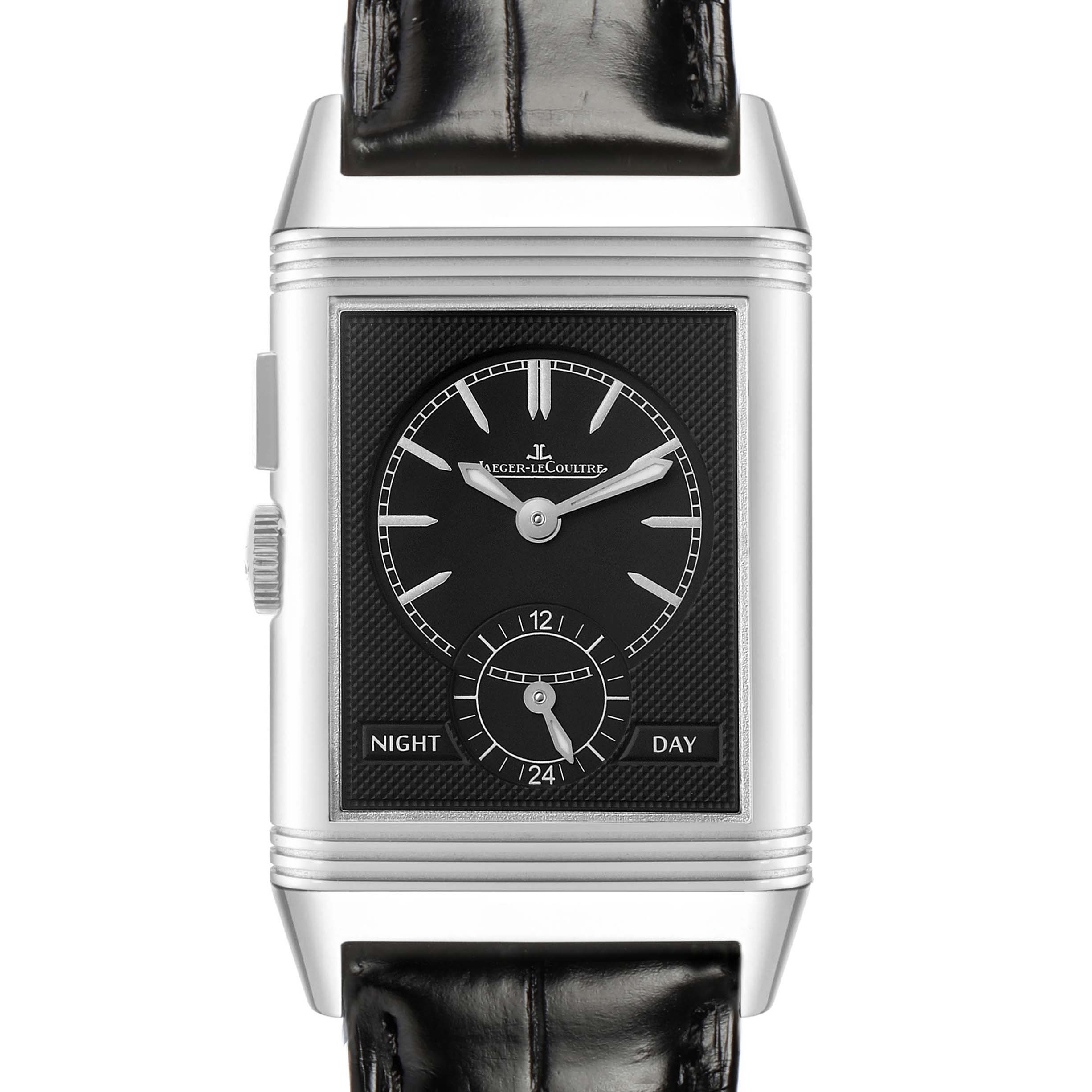 The image shows a Jaeger LeCoultre Reverso Q3788570 Men's Stainless Steel Black Dial watch from a front angle, highlighting its rectangular face and black leather strap.