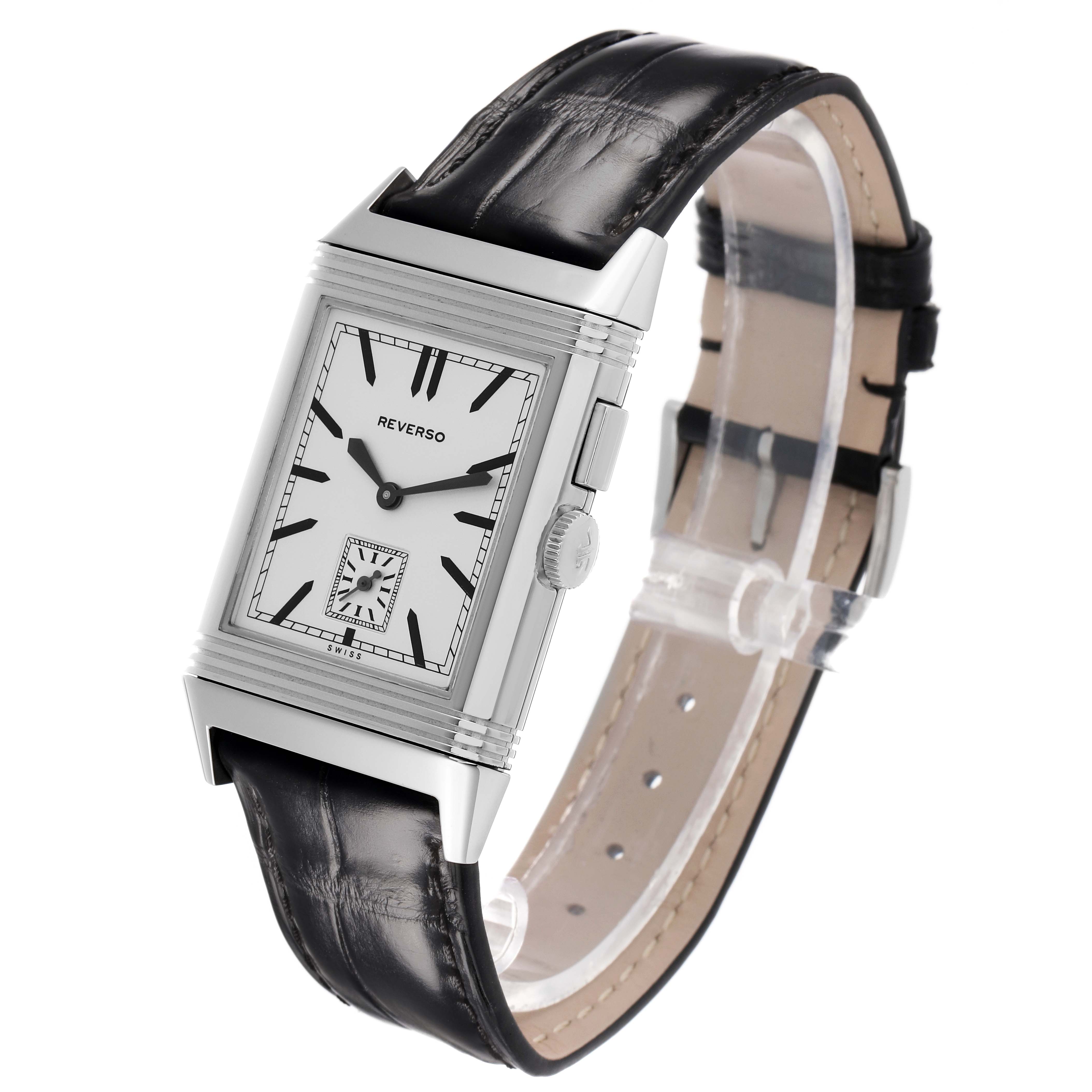 The Jaeger LeCoultre Reverso Q3788570 Men's Stainless Steel Black Dial watch is shown at an angle highlighting its rectangular case, crown, and leather strap.