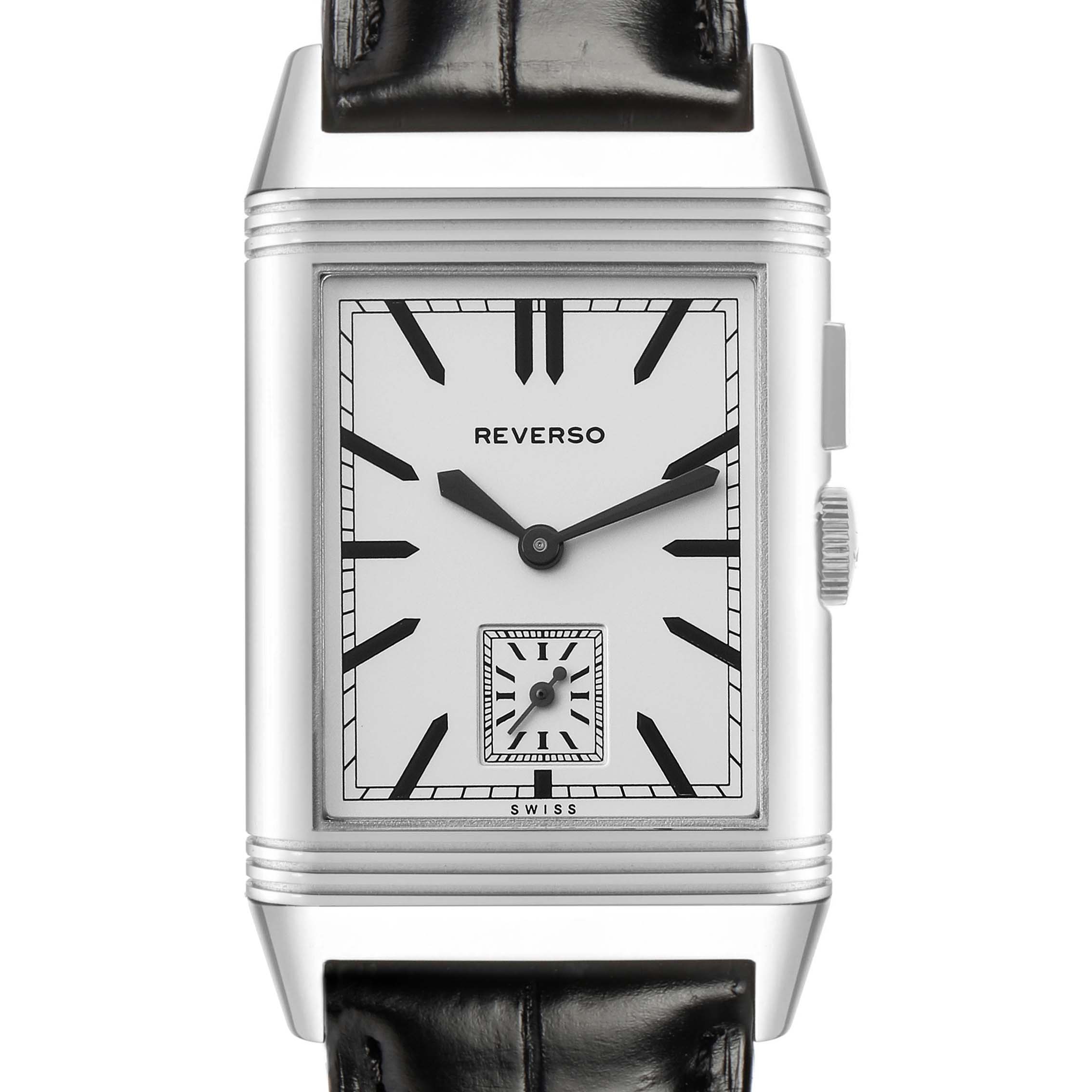 The Jaeger-LeCoultre Reverso watch is shown centered, displaying its face, crown, and part of the leather strap.