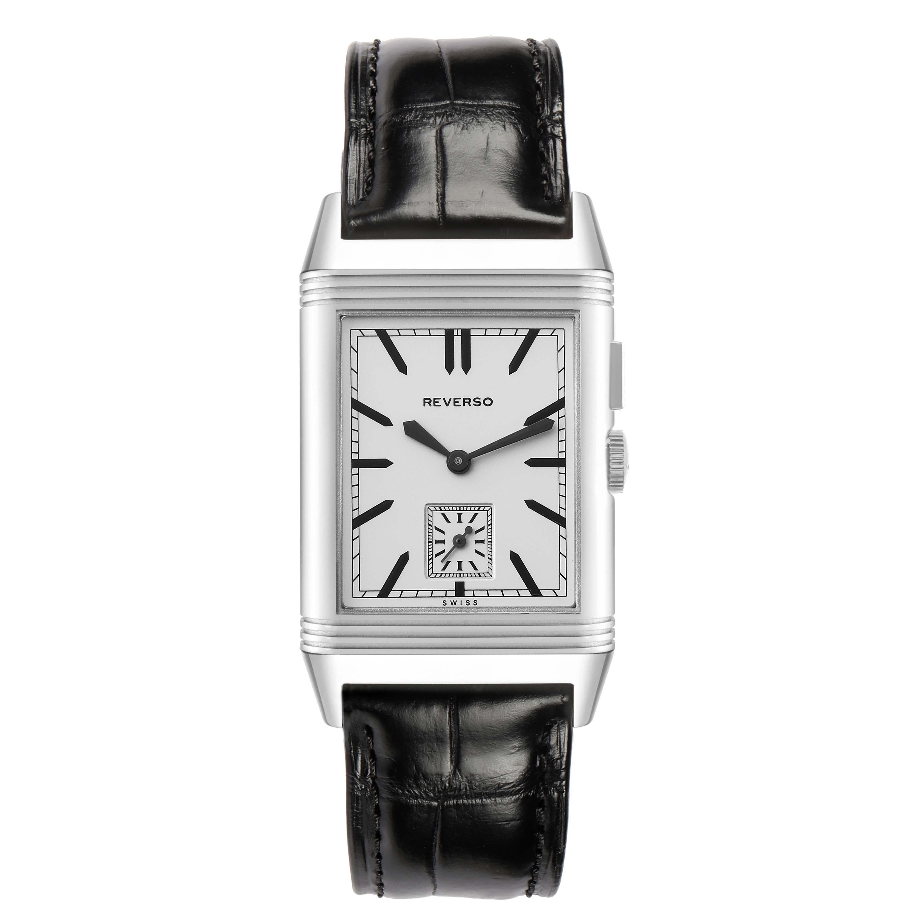 The Jaeger-LeCoultre Reverso watch is shown from the front, displaying the face, case, strap, and crown.