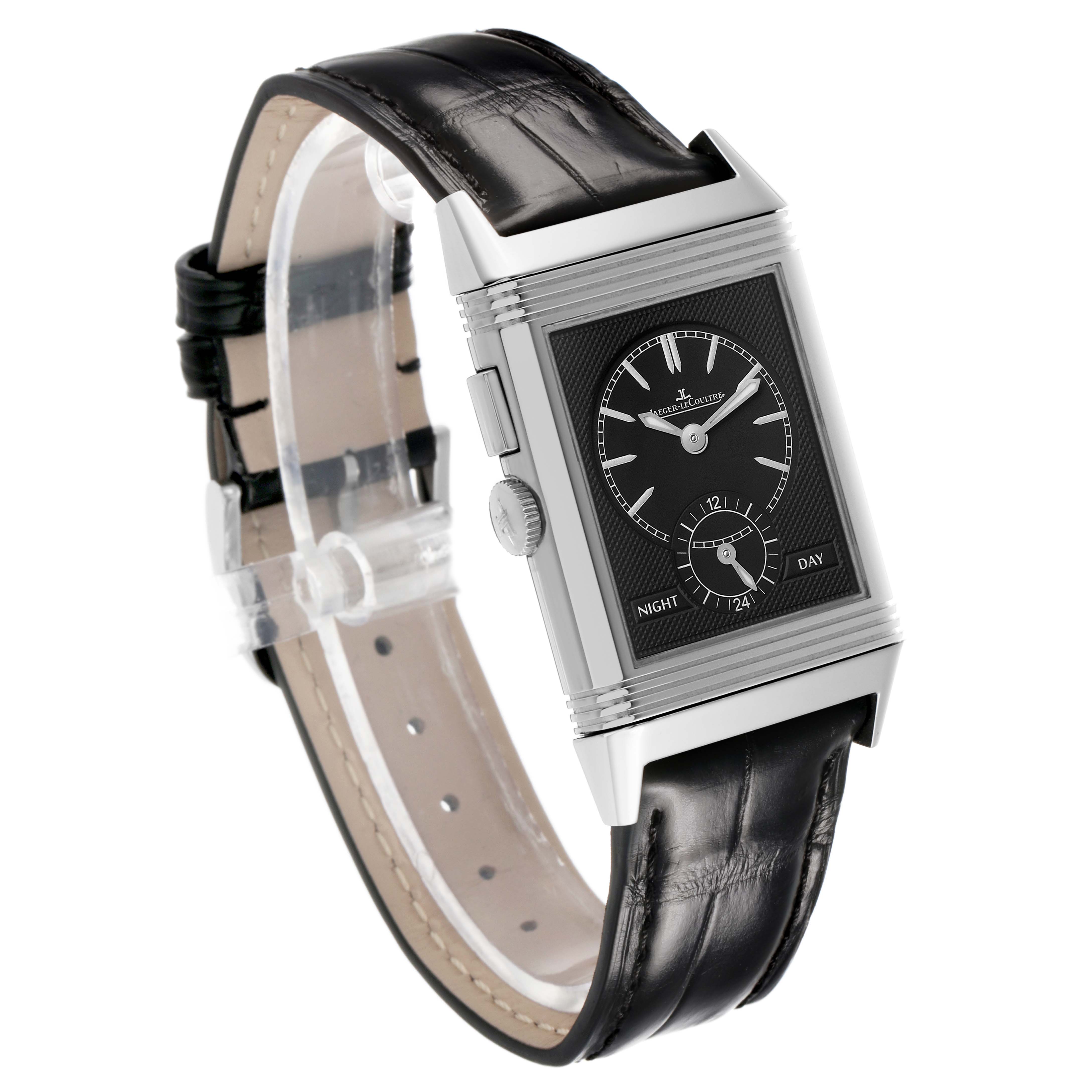 The Jaeger-LeCoultre Reverso watch is shown at a slight angle, displaying its face, crown, and a portion of the leather strap.