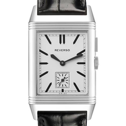 The Jaeger-LeCoultre Reverso watch is shown from the front, highlighting its rectangular dial, hands, and subdial.