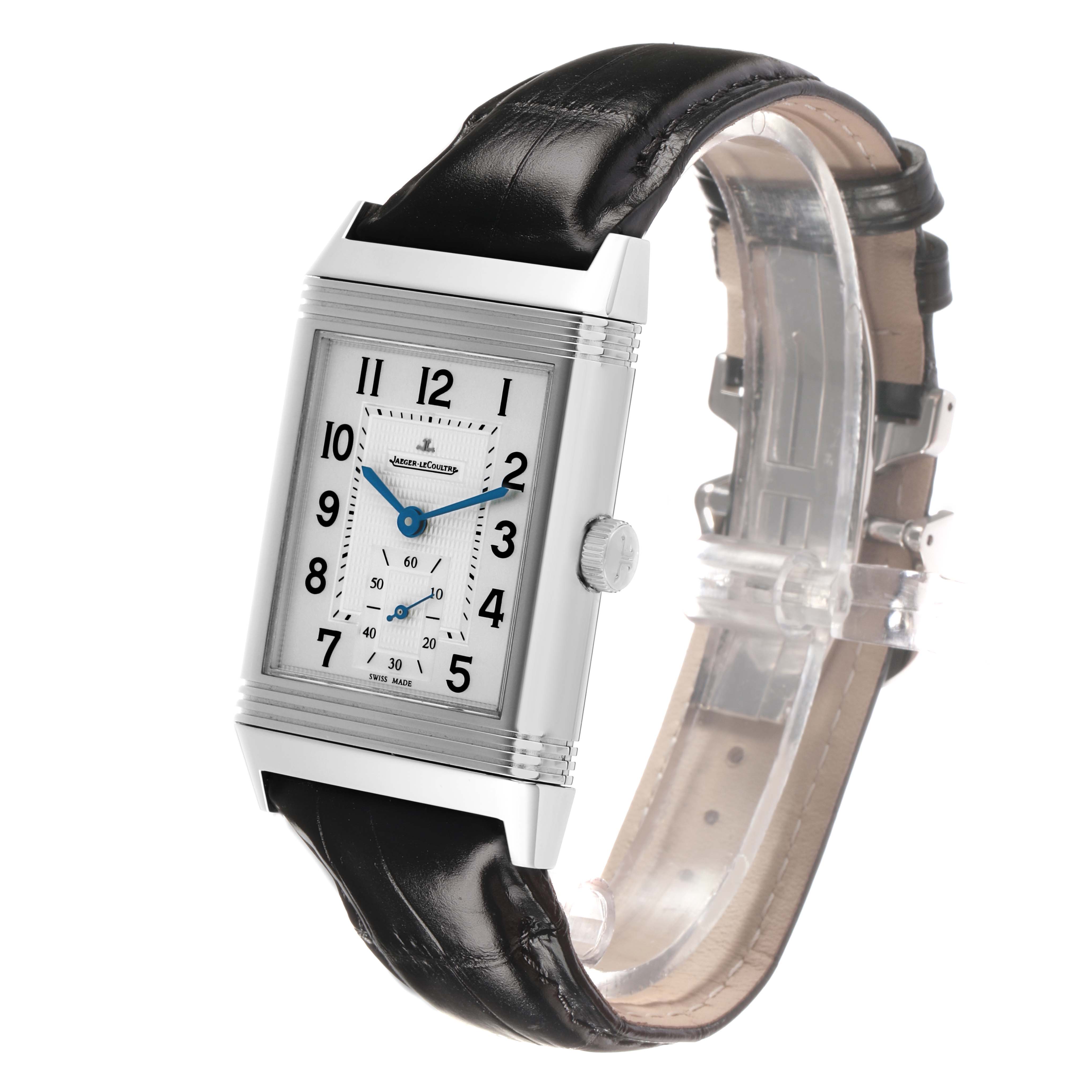 The image shows a Jaeger LeCoultre Reverso Q3738420 Men's Stainless Steel Silver Dial watch from an angled front view, highlighting the watch face and leather strap.