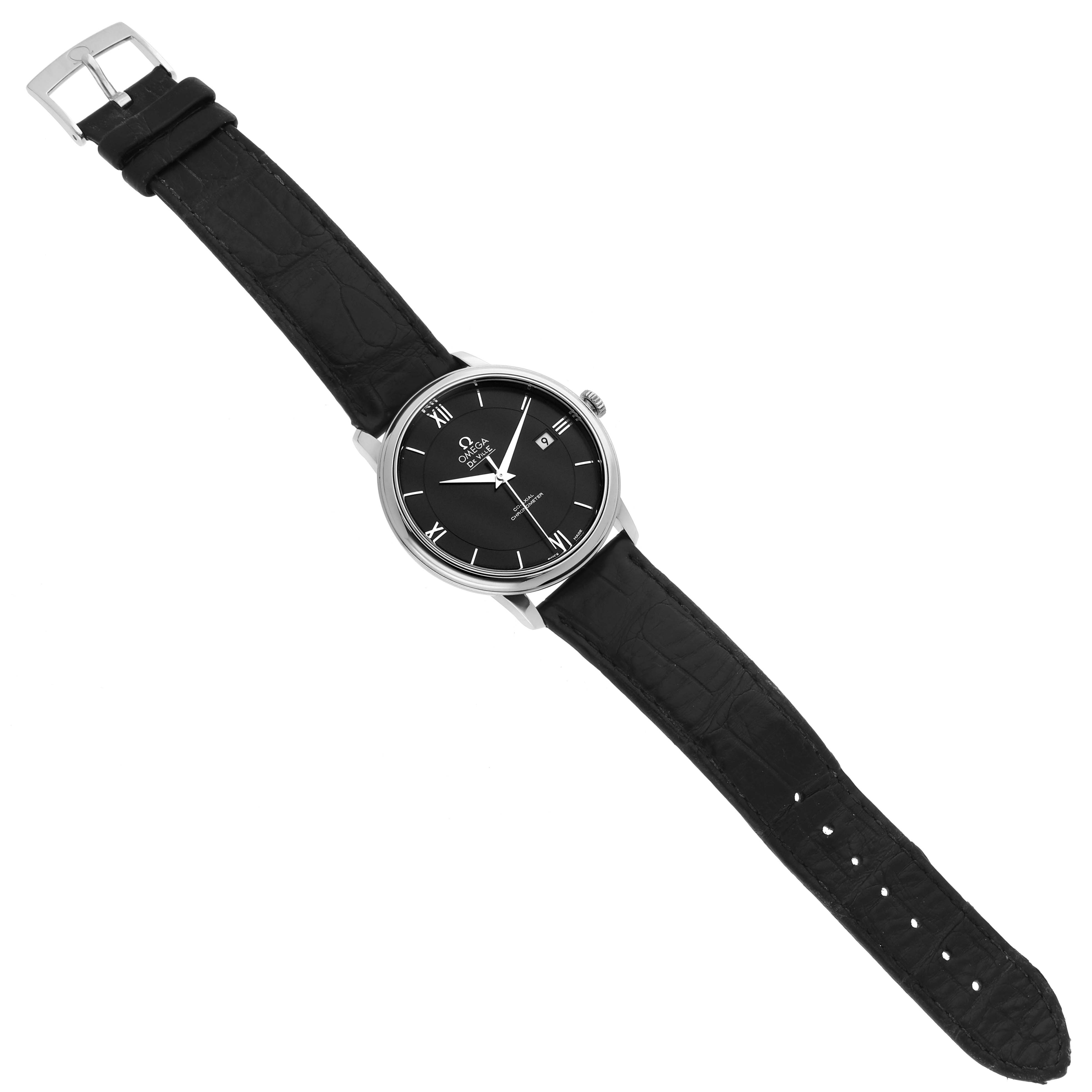 The Omega De Ville 424.13.40.20.01.001 Men's Stainless Steel Black Dial watch is shown at a slight diagonal angle, displaying the full face, bezel, and leather strap.