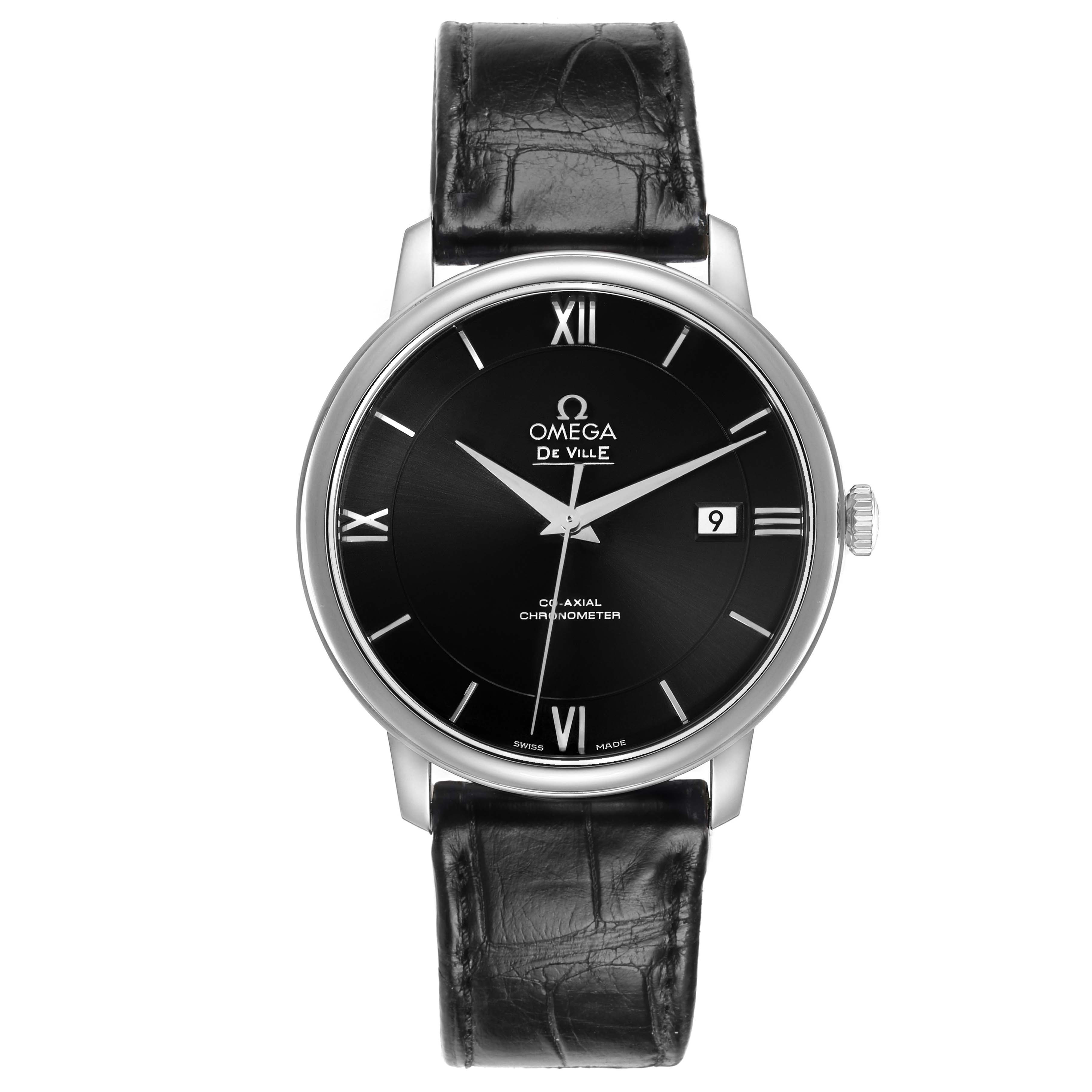 The Omega De Ville 424.13.40.20.01.001 Men's Stainless Steel Black Dial watch is shown from a front view, displaying the face, bezel, strap, and crown.