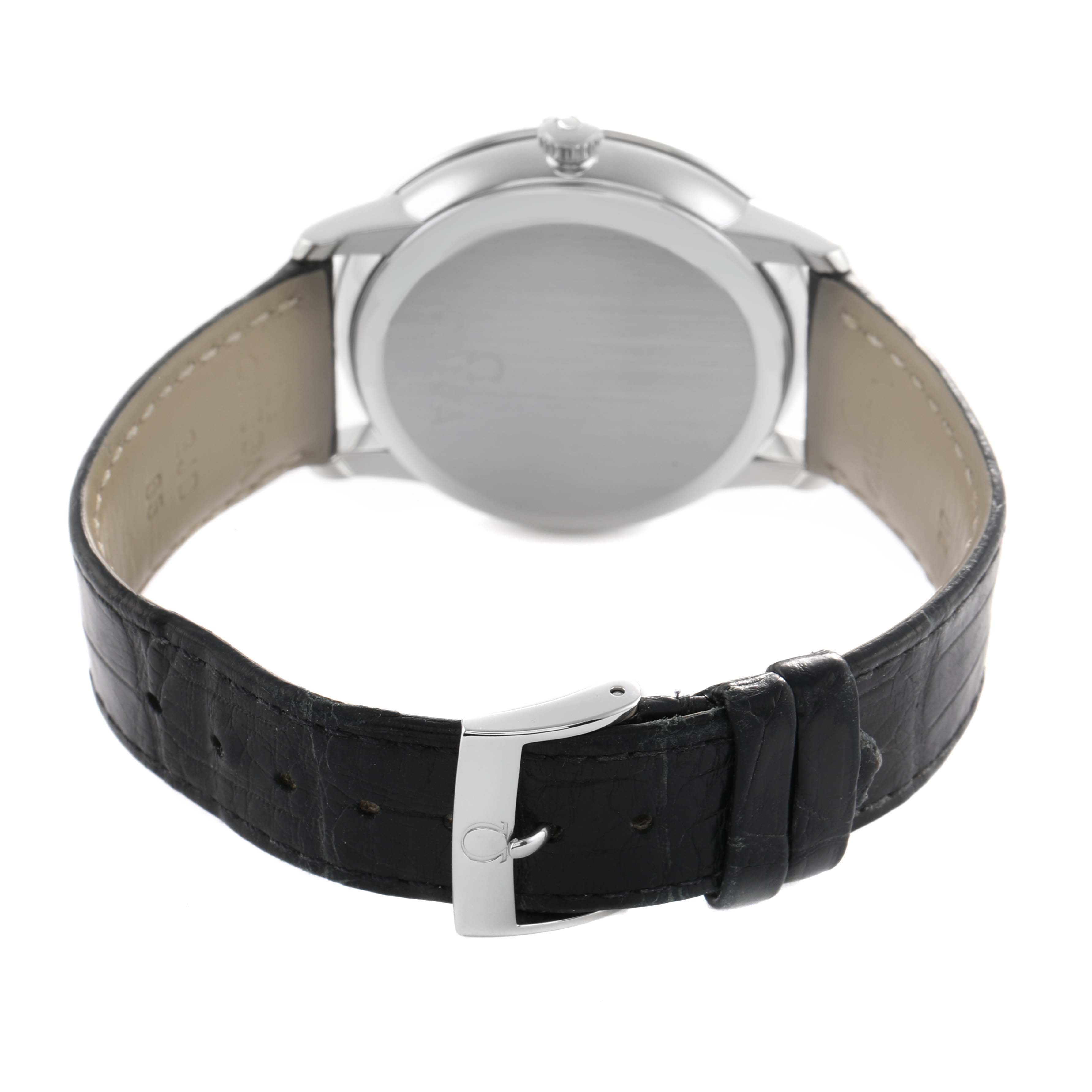 The image shows the back of the Omega De Ville 424.13.40.20.01.001 Men's Stainless Steel Black Dial watch, highlighting the case back, crown, and leather strap with a clasp.